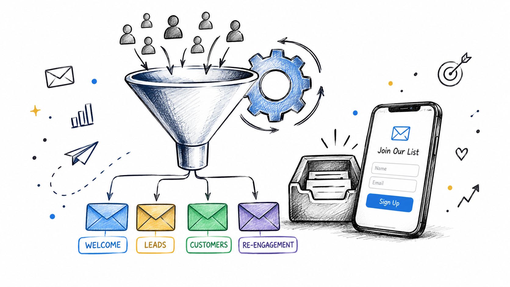A hand-drawn illustration showing a marketing funnel directing people into different email automation list categories.