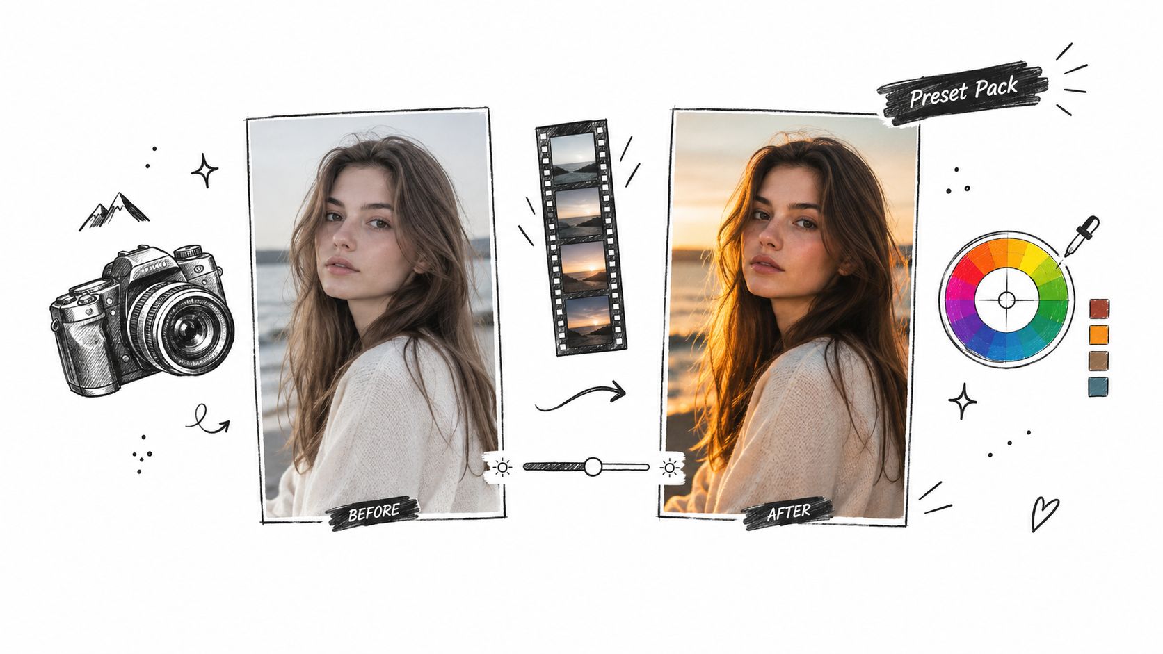 A creative visual comparing a before and after photo edit with camera and color palette illustrations.