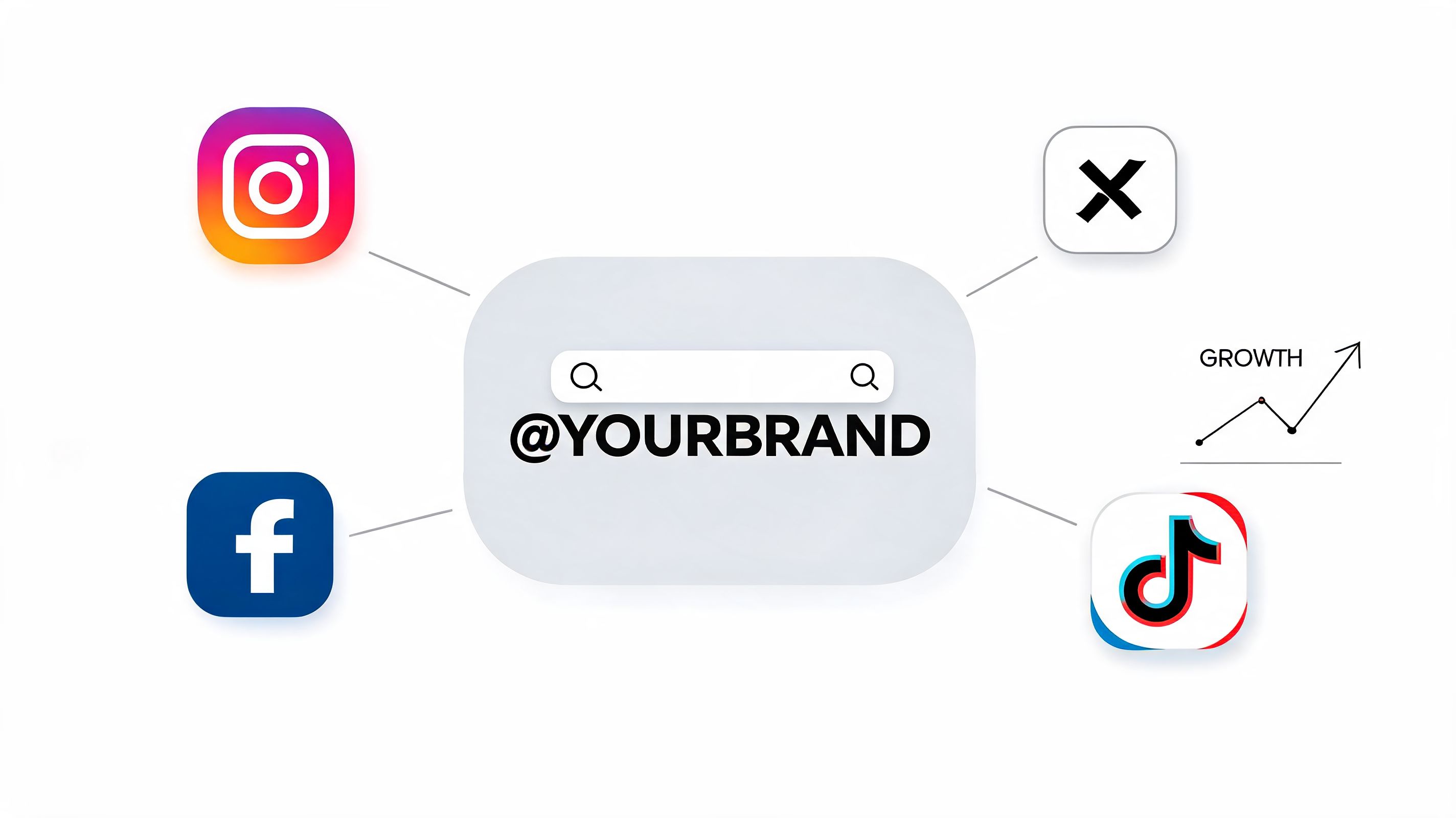 A social media marketing concept featuring various app icons connected to a central search bar for branding.
