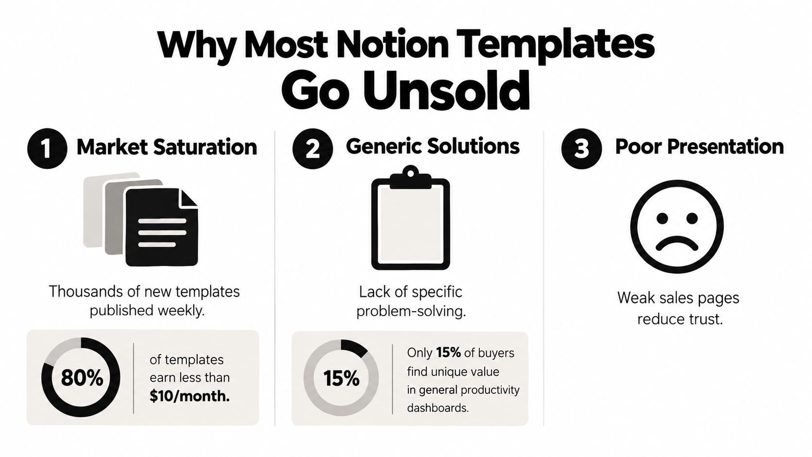 An infographic titled Why Most Notion Templates Go Unsold showing three main reasons for poor sales performance.