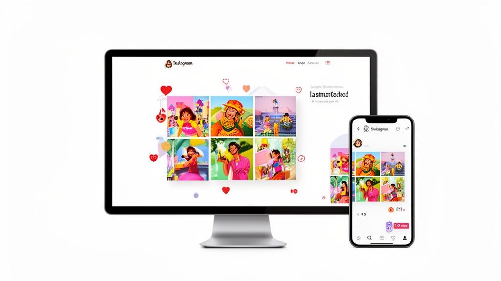 Desktop monitor and smartphone showcasing an Instagram feed with colorful illustrations and decorative hearts.