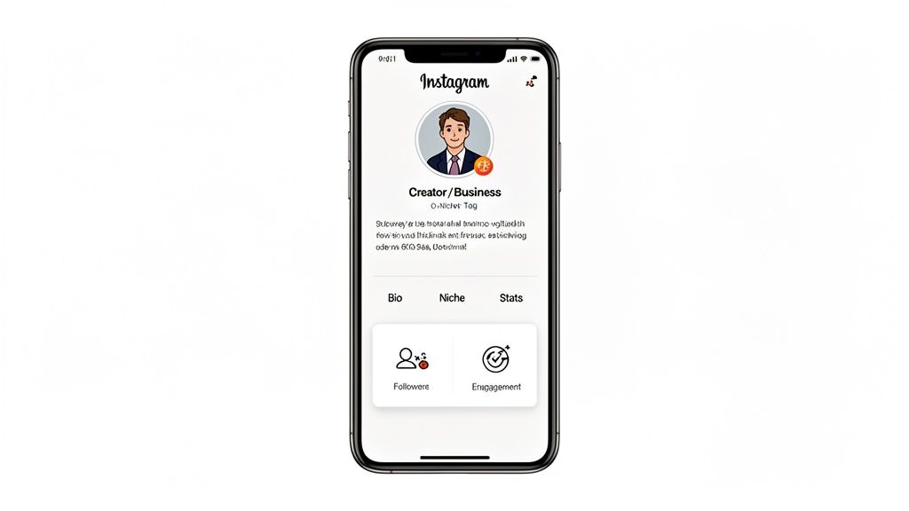 A smartphone screen displaying an Instagram creator/business profile with followers and engagement stats.