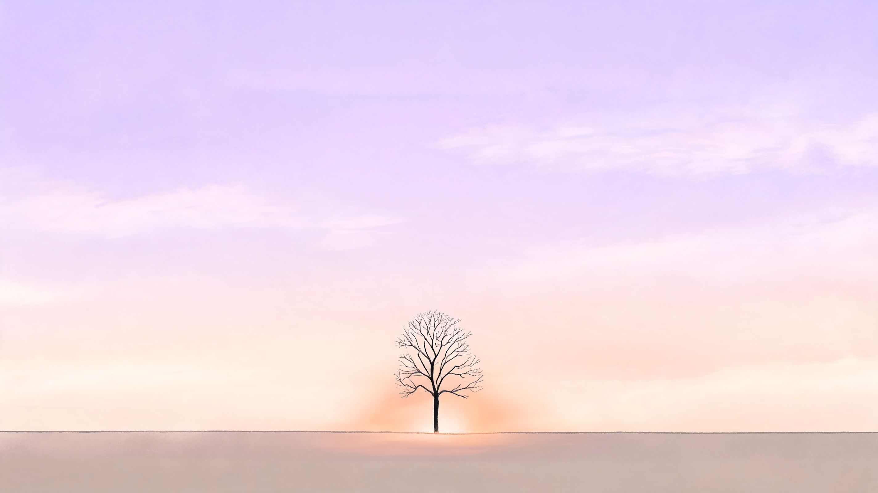 A lonely bare tree stands on a flat horizon against a soft pastel sunset sky