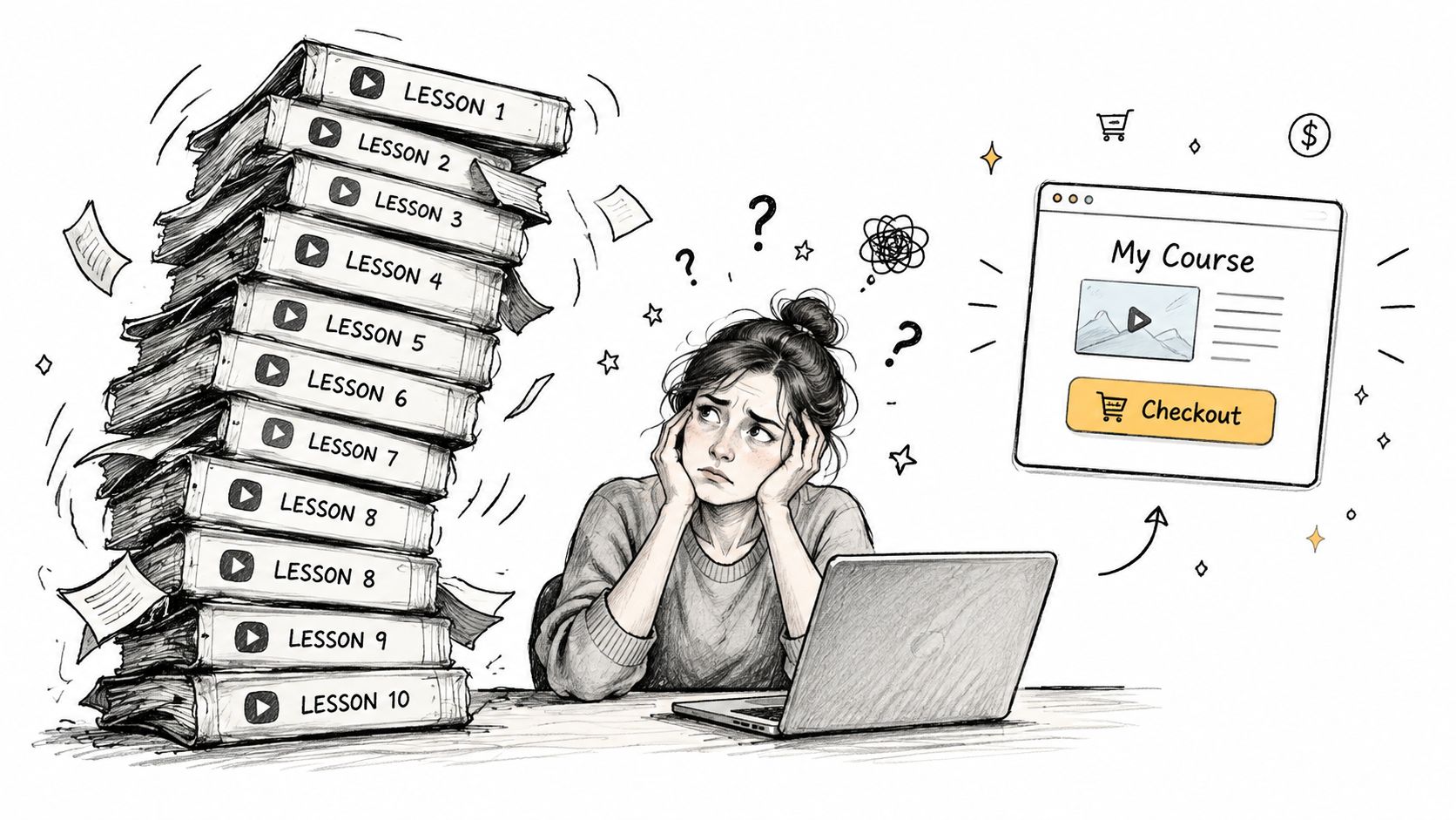 A stressed woman sitting at a laptop overwhelmed by a large stack of course lesson books.