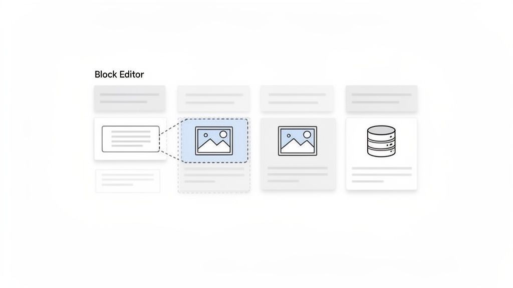 A block editor interface with various modular content types, including text, image, and database blocks.