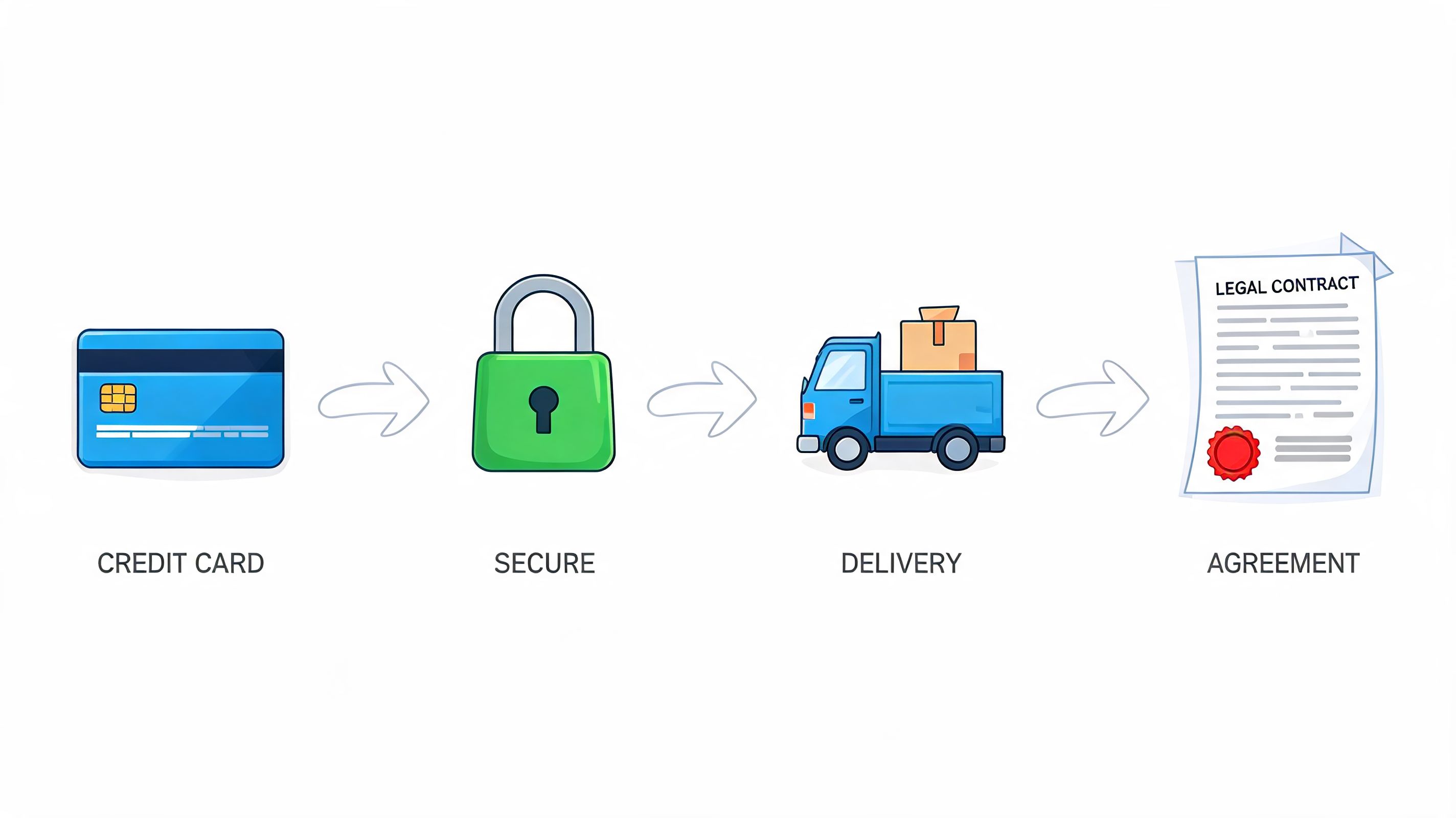 A process flow chart showing a credit card, a secure padlock, a delivery truck, and a legal contract.
