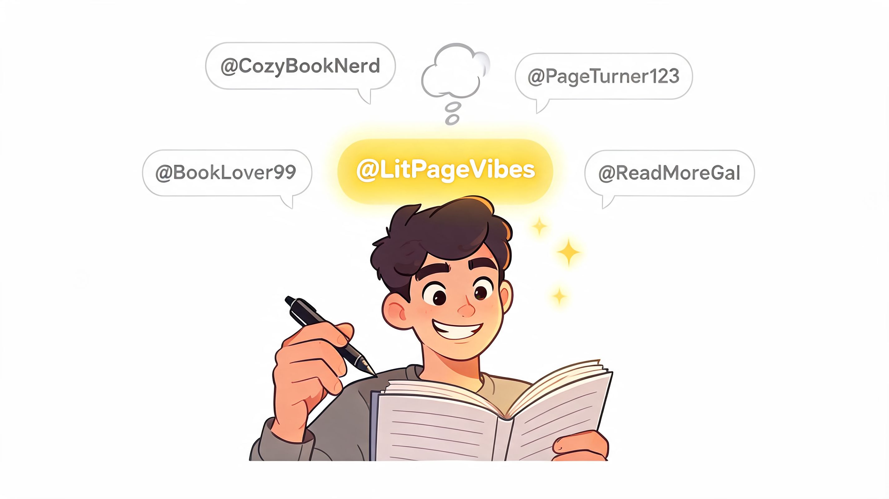 A cartoon illustration of a young man writing in a book surrounded by social media handles.