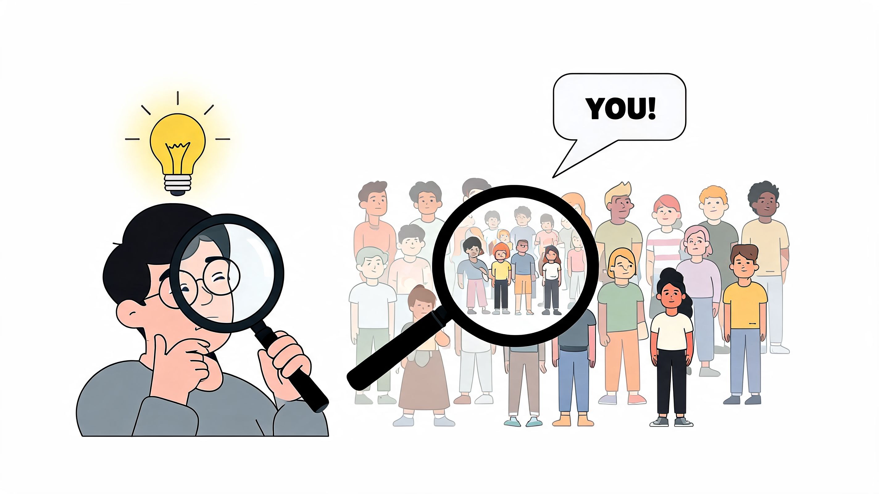 A cartoon illustration of a person using a magnifying glass to find a target audience member.
