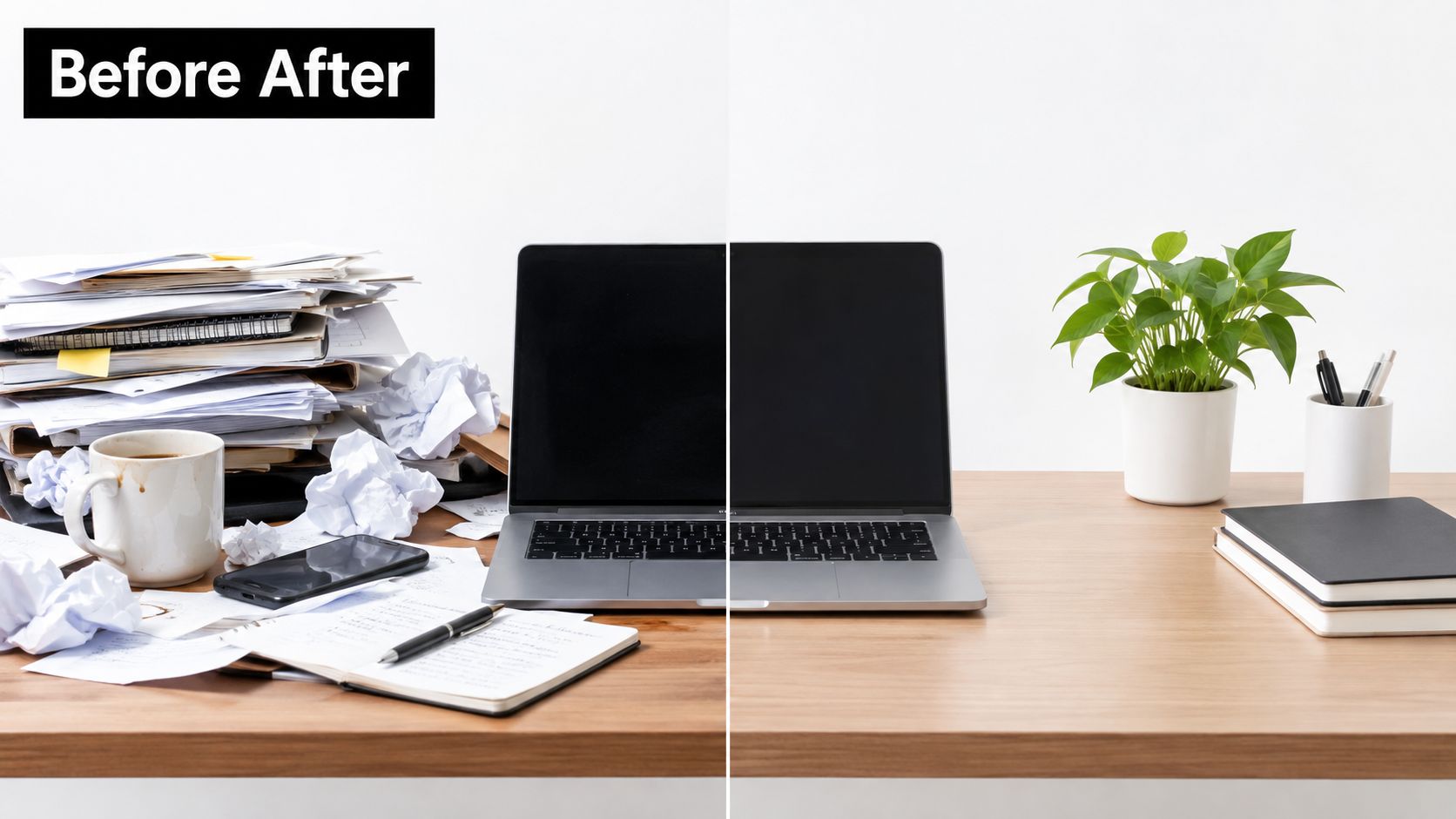 A before and after comparison showing a cluttered workspace transformed into an organized, clean desk.
