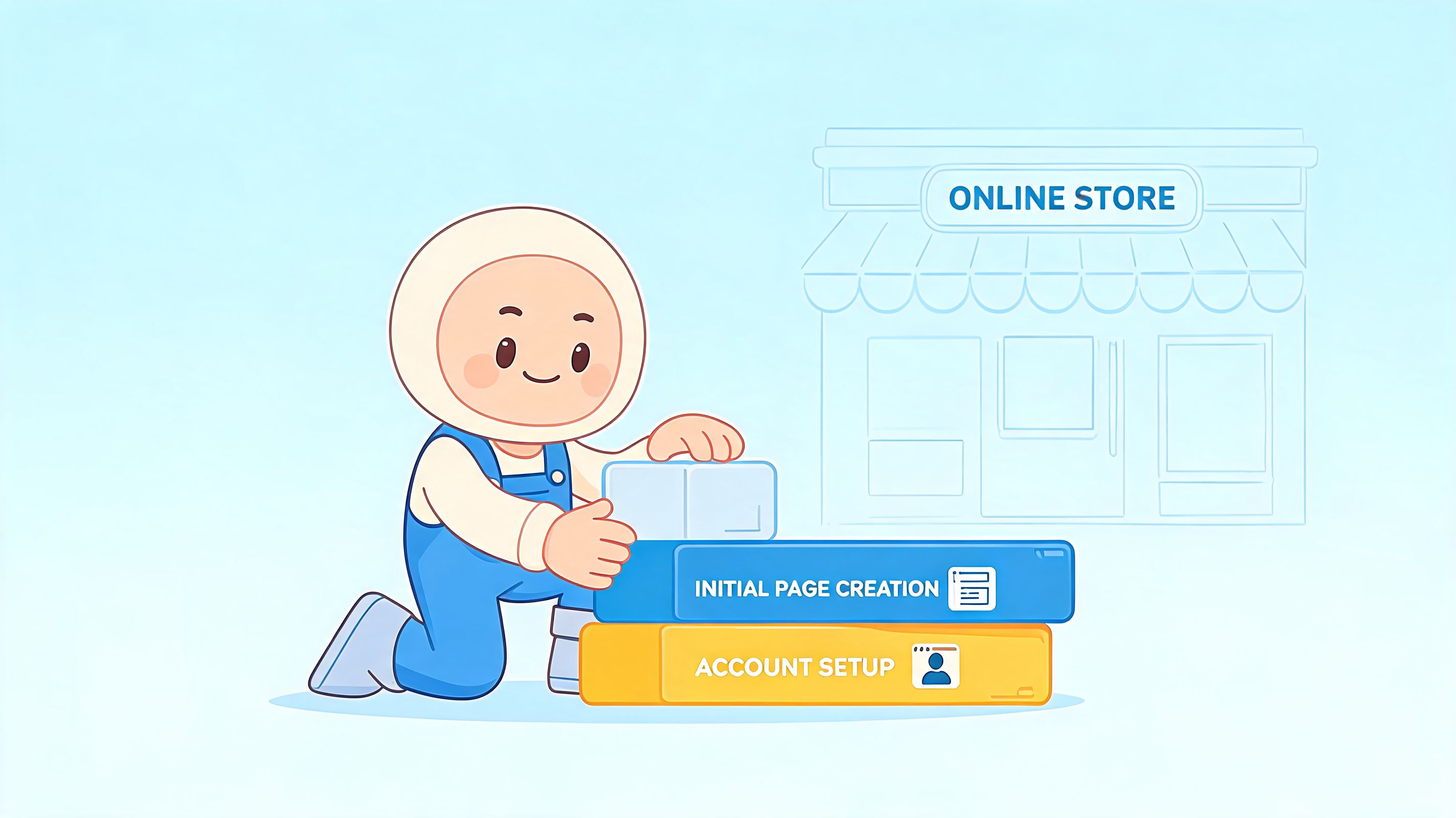 A cartoon character building a digital store by stacking blocks labeled account setup and page creation.