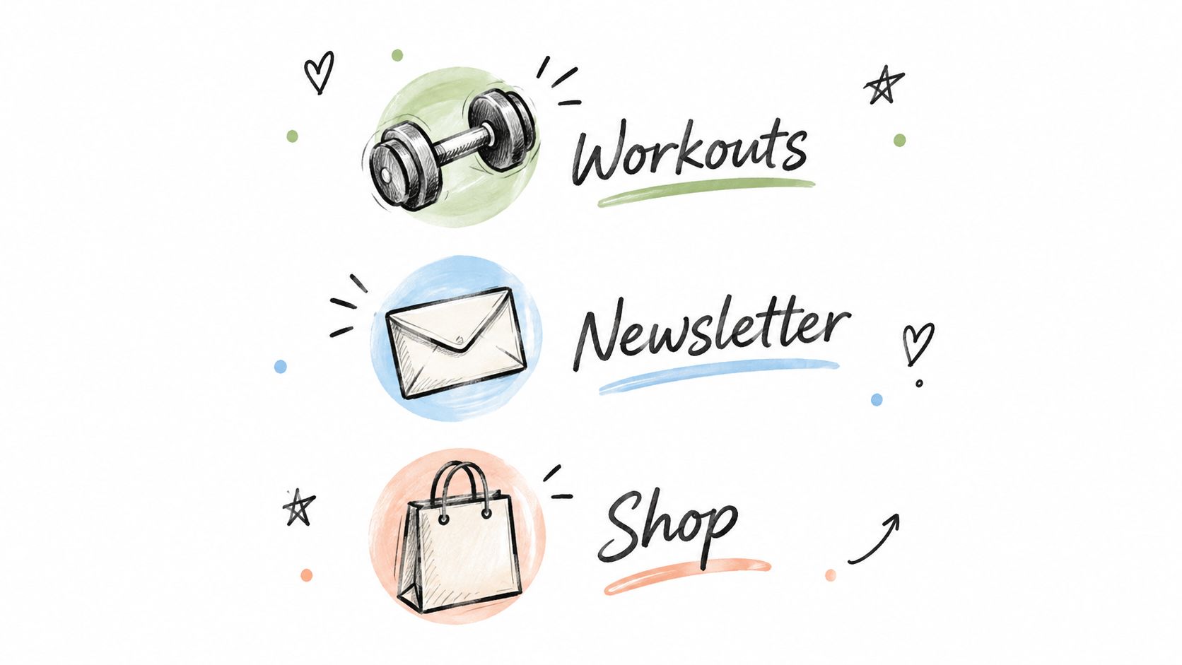 A list of navigation icons including a dumbbell for Workouts, an envelope for Newsletter, and a shopping bag for Shop.