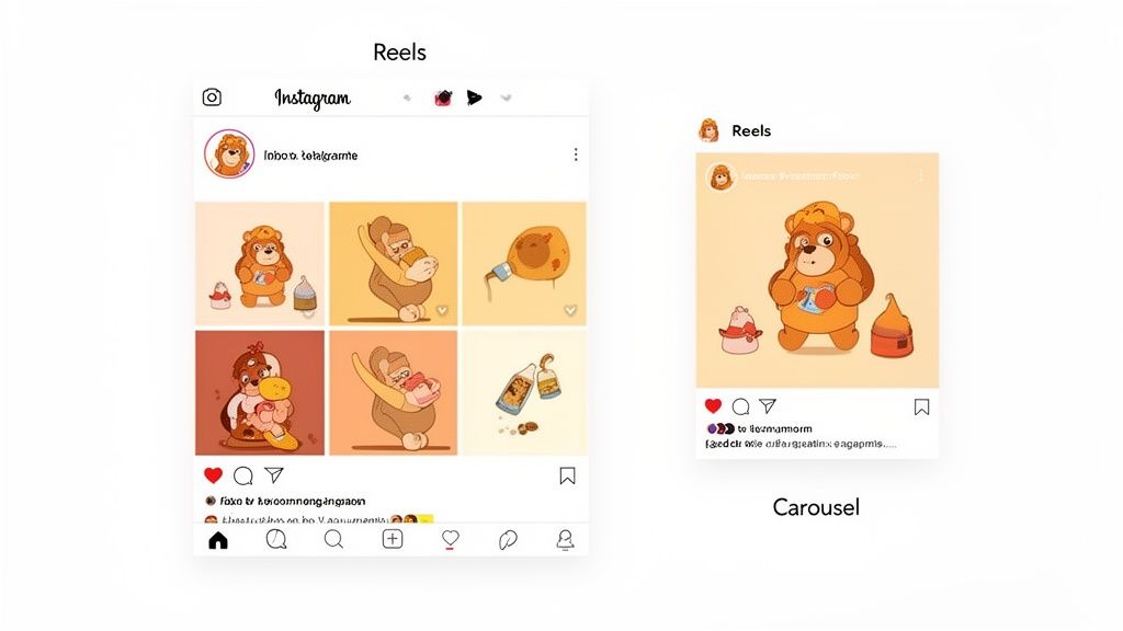 Instagram mockups displaying a grid of Reels and a single Carousel post featuring cute bear and honey illustrations.