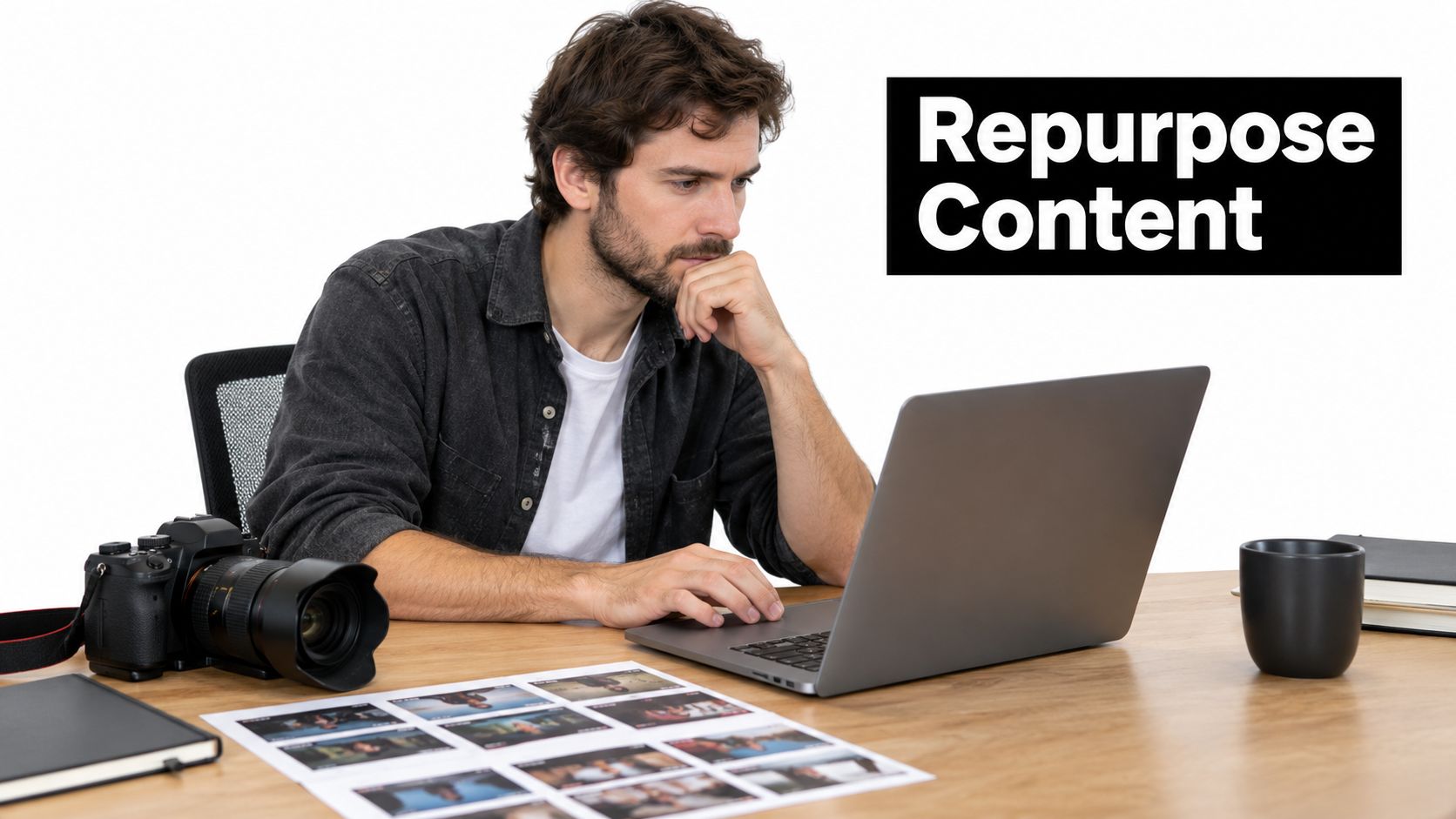 A male photographer sitting at a desk while editing video content on his laptop computer.