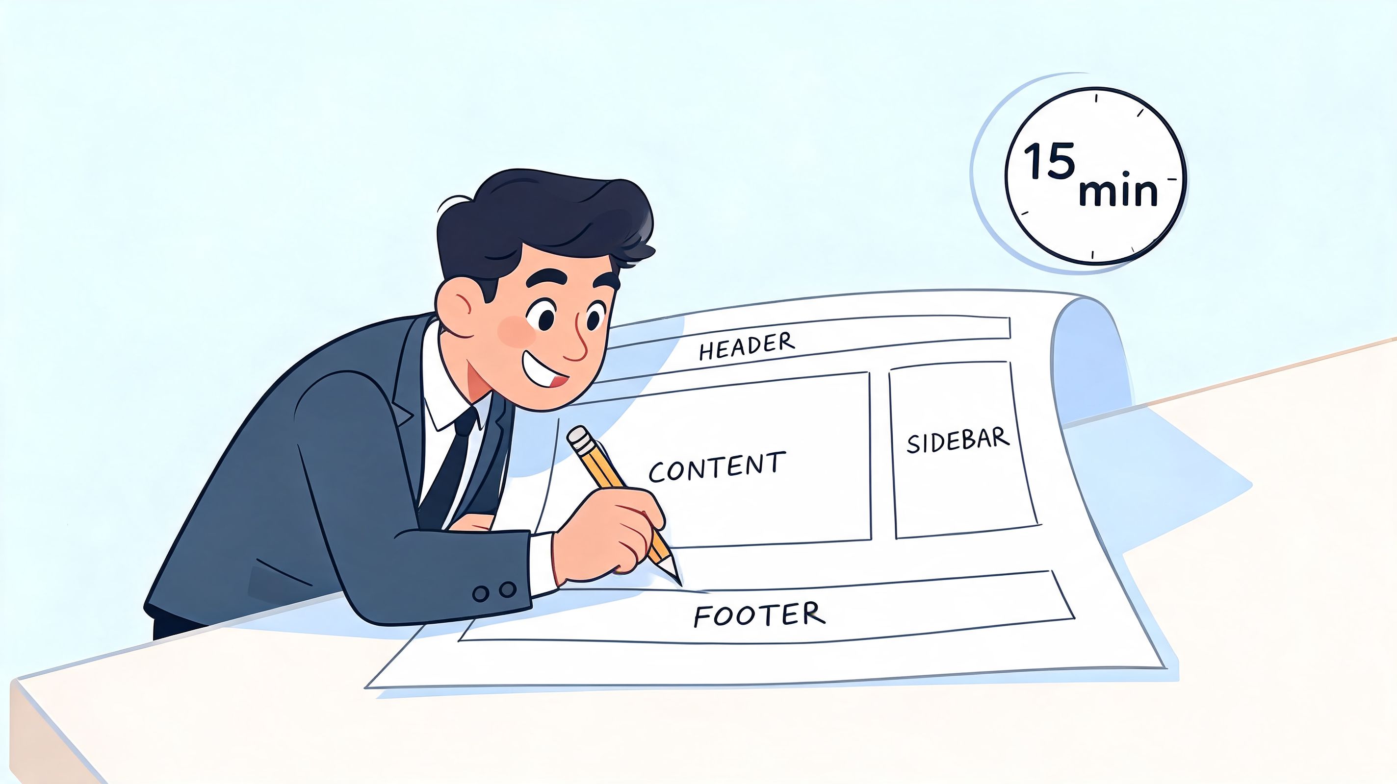 A professional man drawing a website layout wireframe with a header, content, sidebar, and footer sections.