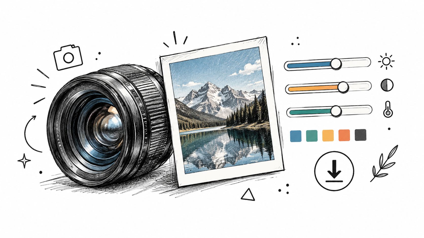 A digital illustration showing a professional camera lens beside a photo of mountain scenery with editing sliders.