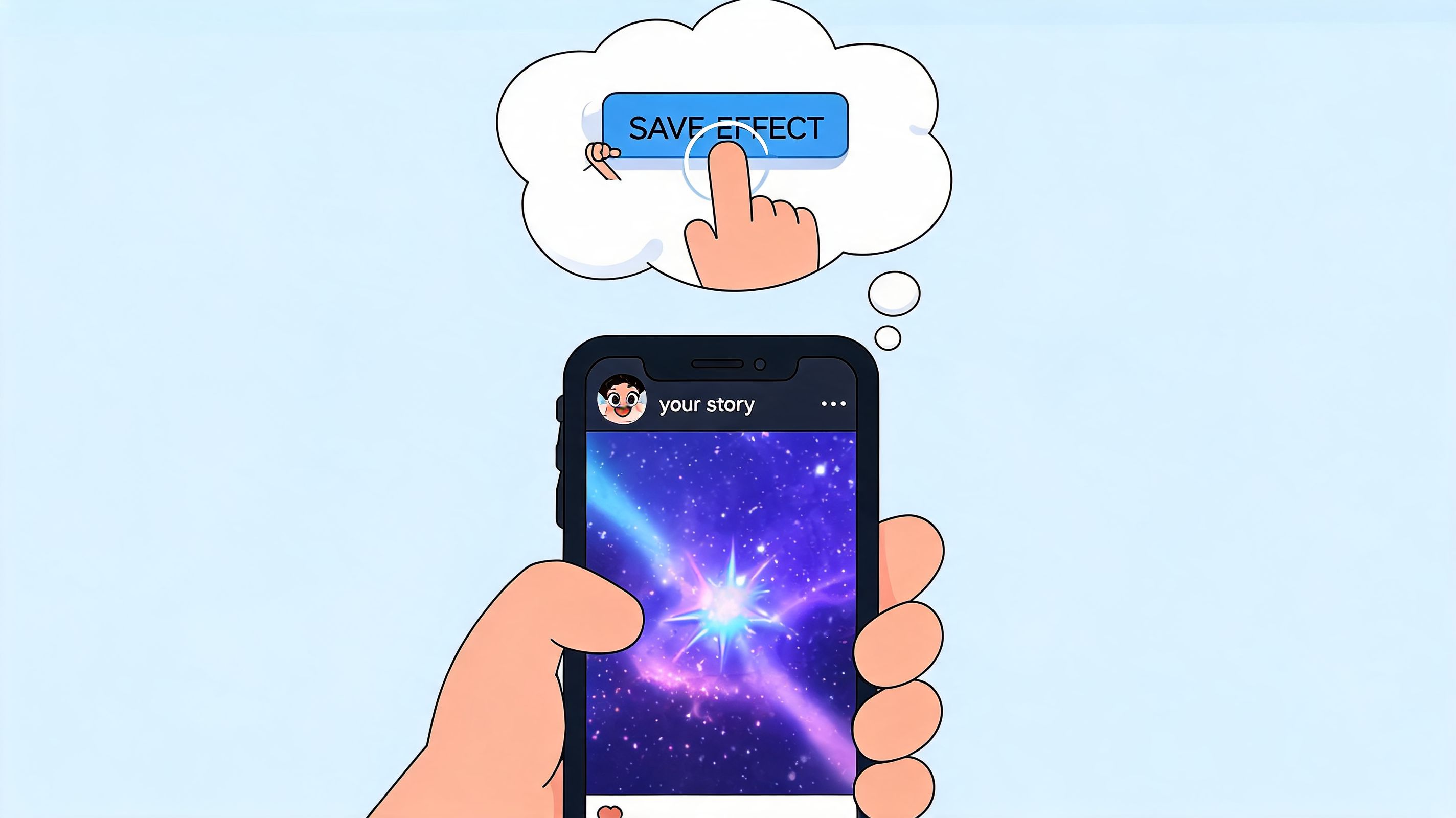 A hand holding a smartphone showing an Instagram story, with a thought bubble illustrating saving an effect.