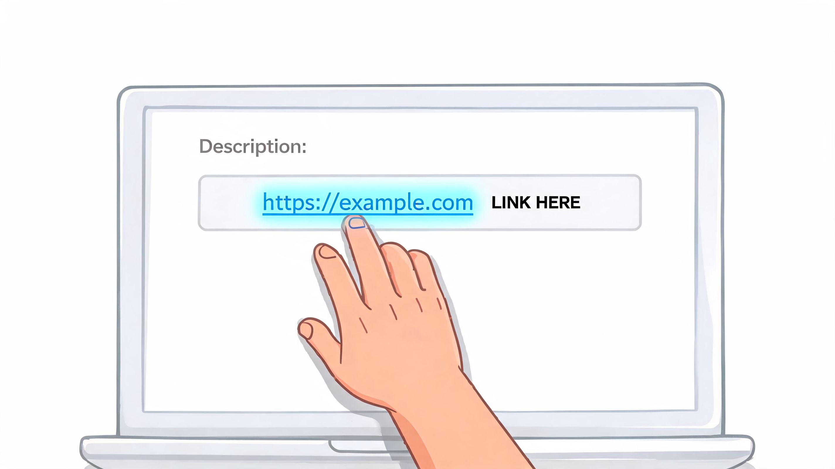 A hand pointing at a clickable link on a laptop screen within a video description box.