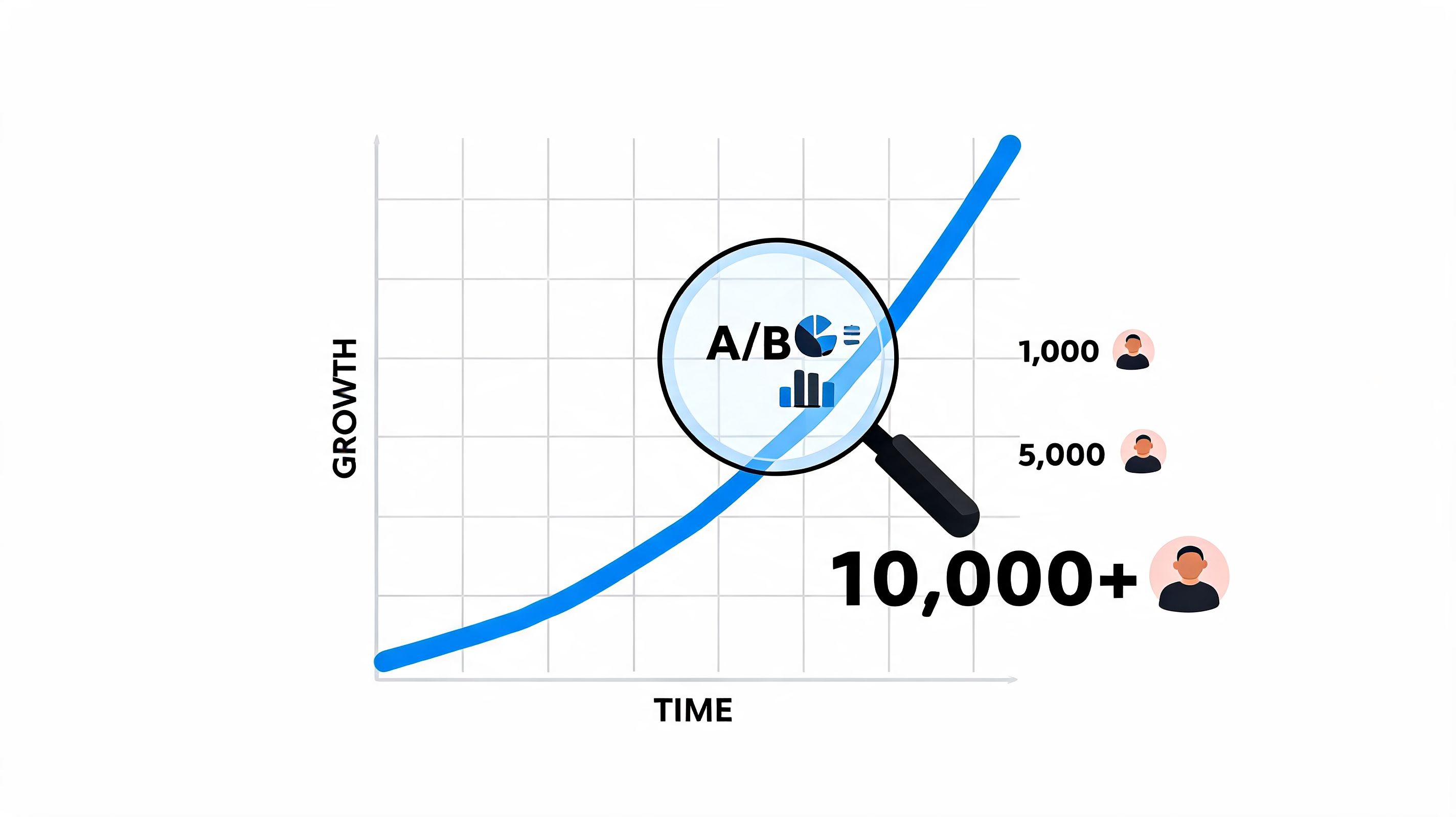 A growth chart featuring a magnifying glass focusing on A/B testing icons with subscriber milestones displayed nearby.