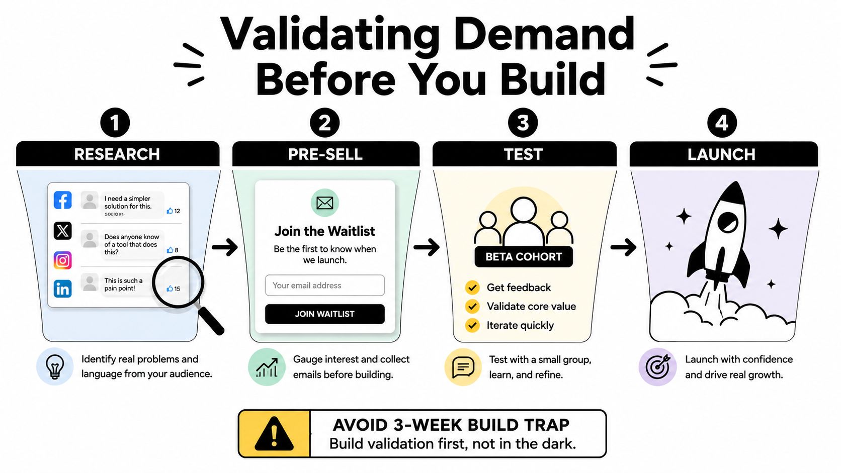 A four-step infographic illustrating a business process for validating demand for digital products before building them.