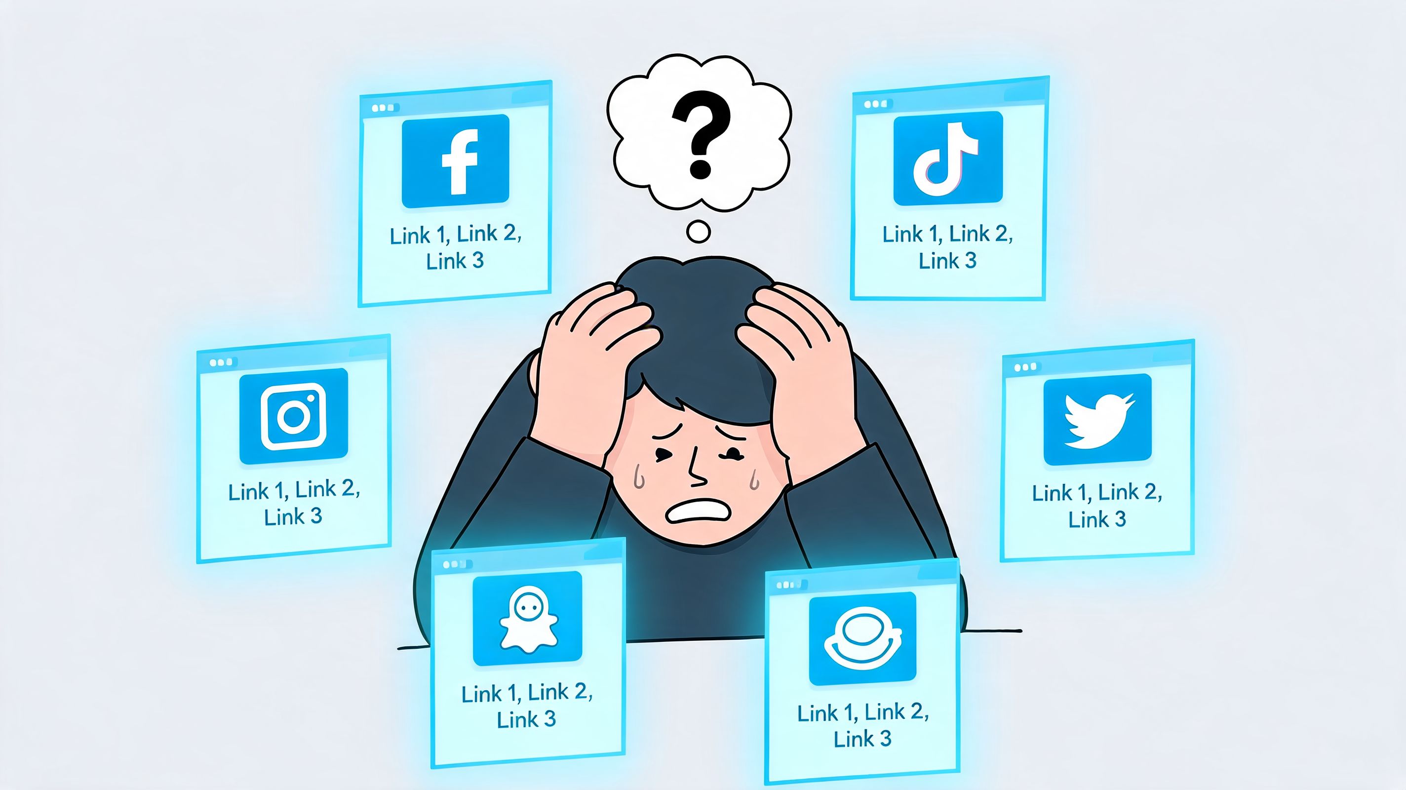 A distressed person surrounded by floating windows representing various social media platforms with multiple link options.