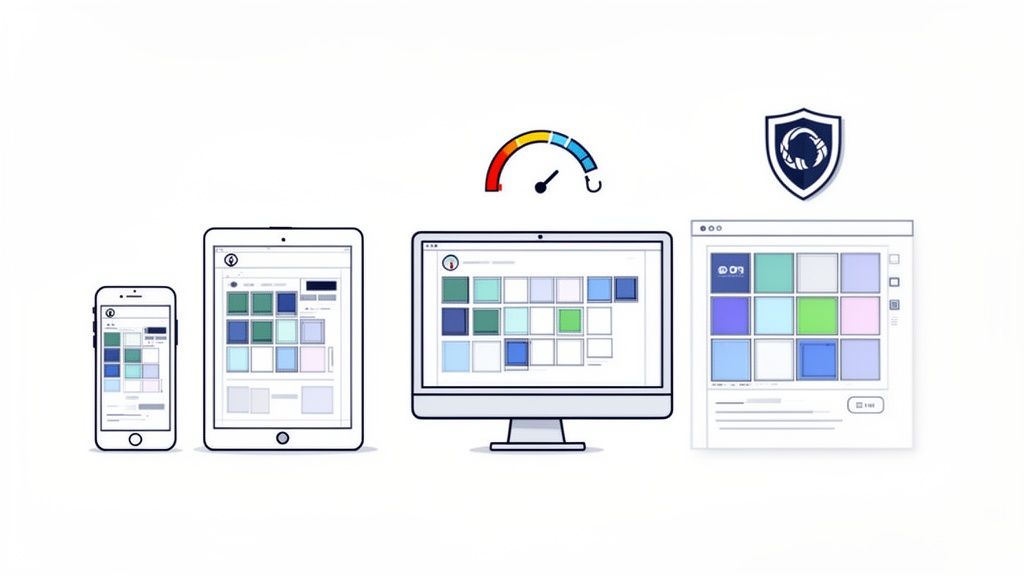 Multiple screens (phone, tablet, desktop) displaying a responsive social media grid feed, with performance gauge and security shield icons.