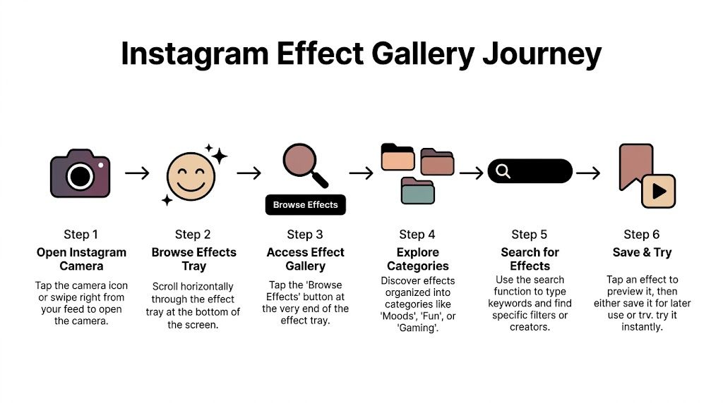 A flowchart showing the six-step process for finding and using creative effects on the Instagram camera.