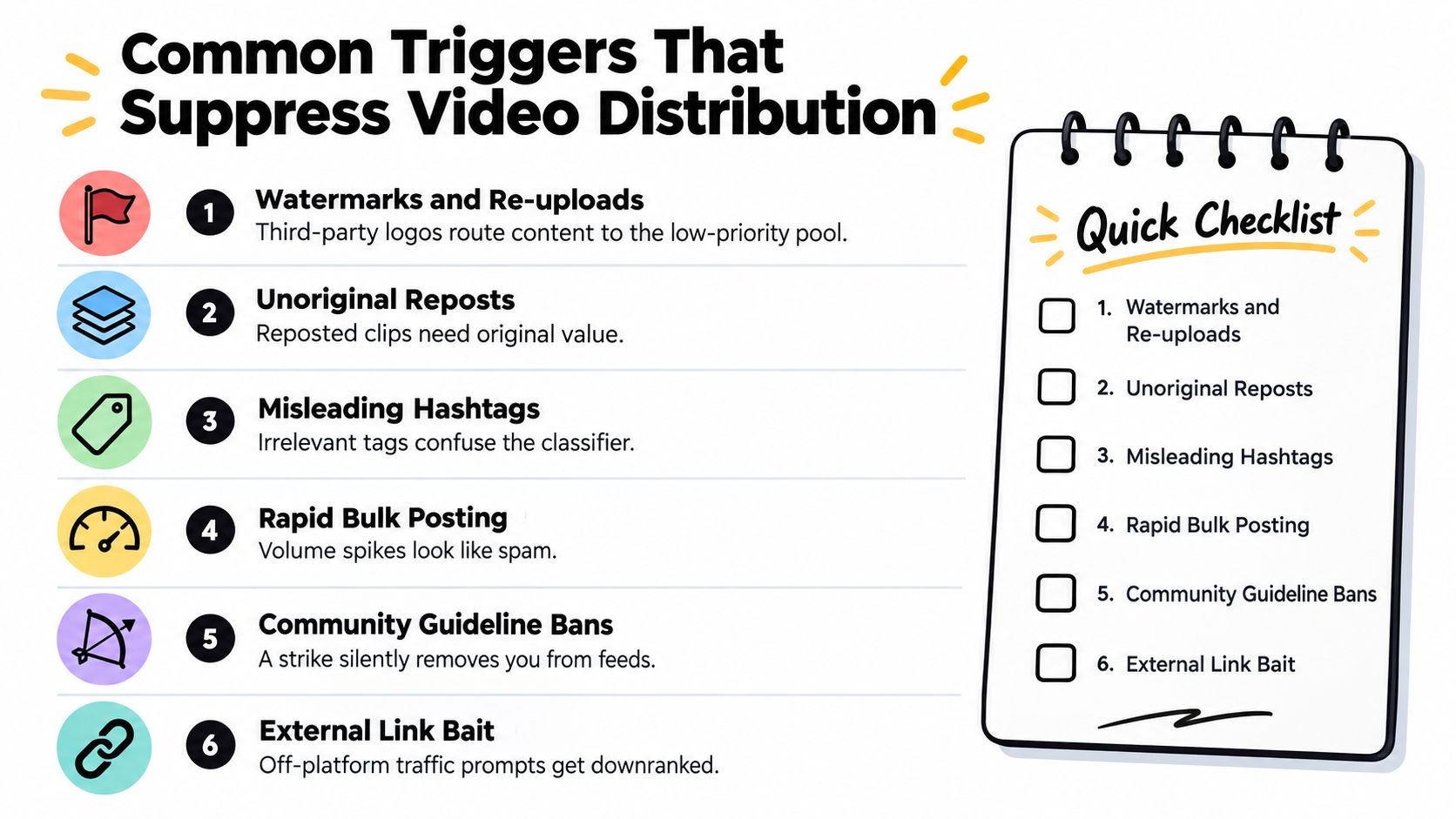An infographic list showing six common triggers that can suppress video distribution on social media platforms.