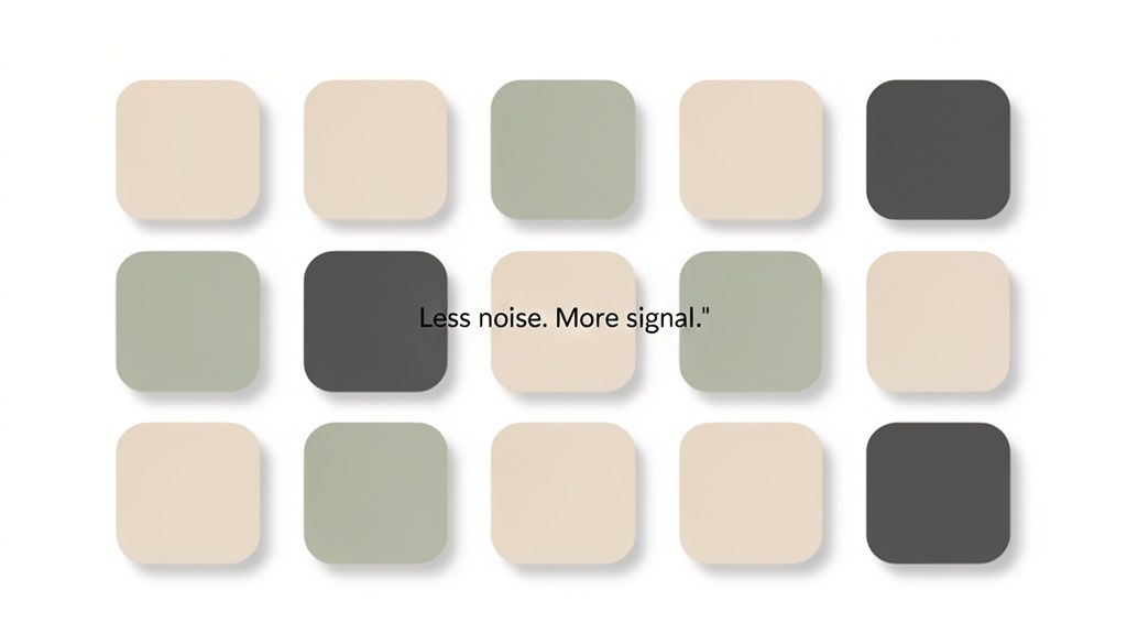 A minimalist grid of fifteen rounded squares in muted tones, with the quote "Less noise. More signal."