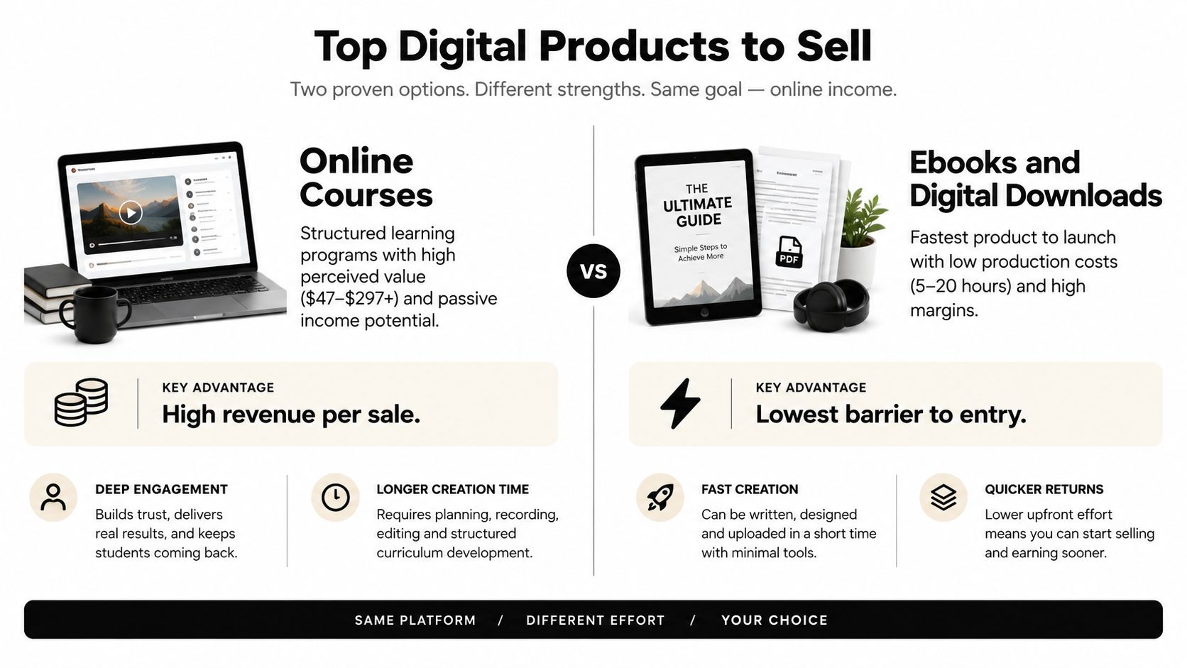 A comparison infographic showing online courses versus ebooks and digital downloads as top digital products to sell.