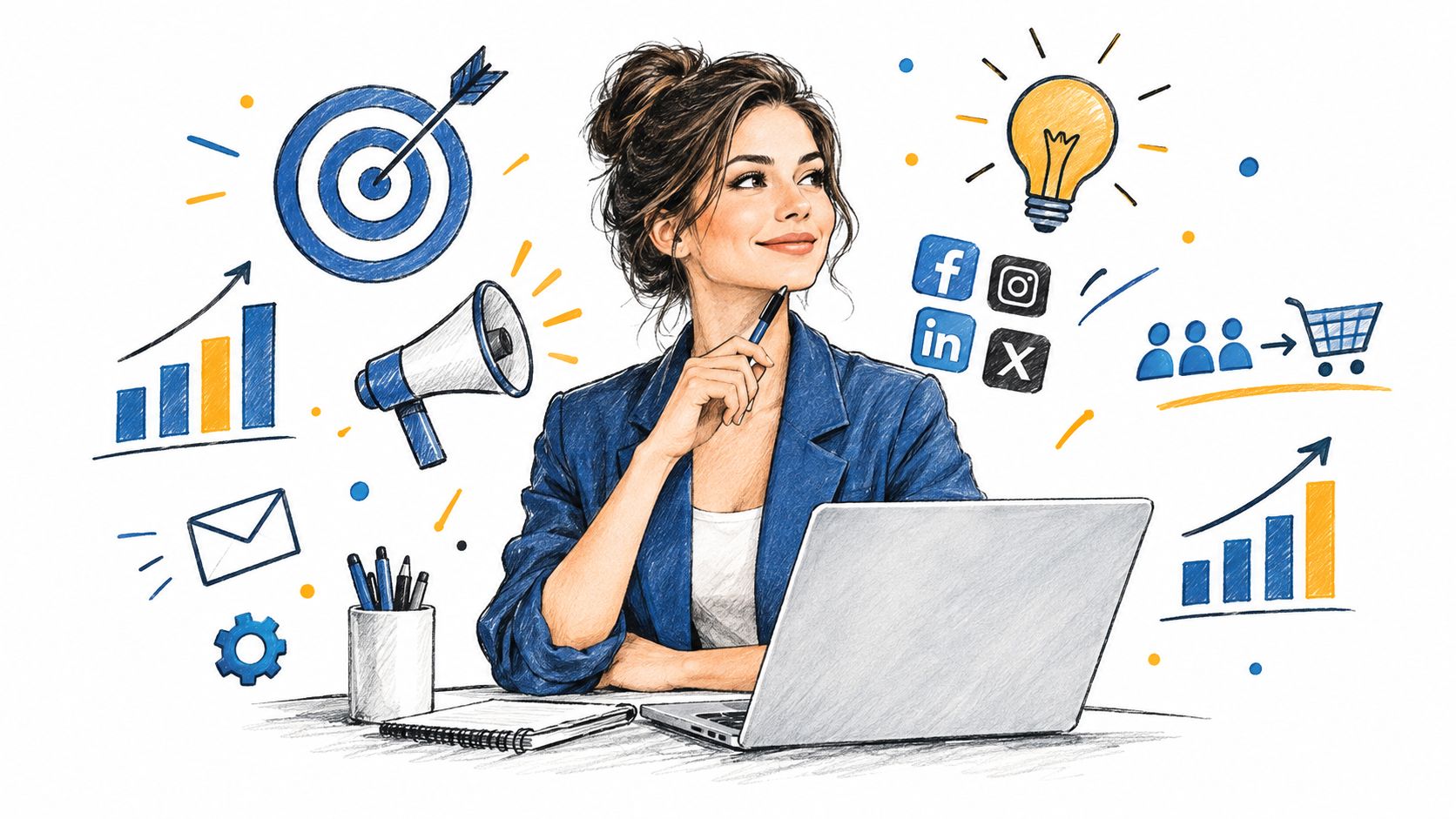 A professional woman working on a laptop surrounded by digital marketing and business strategy icons and sketches.
