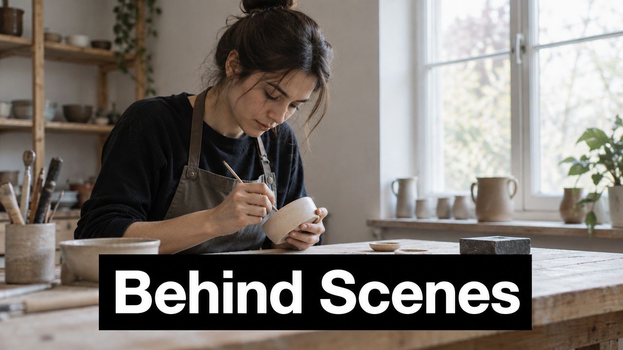 A focused artisan sculpting a ceramic bowl with a hand tool in her sunlit pottery workshop.