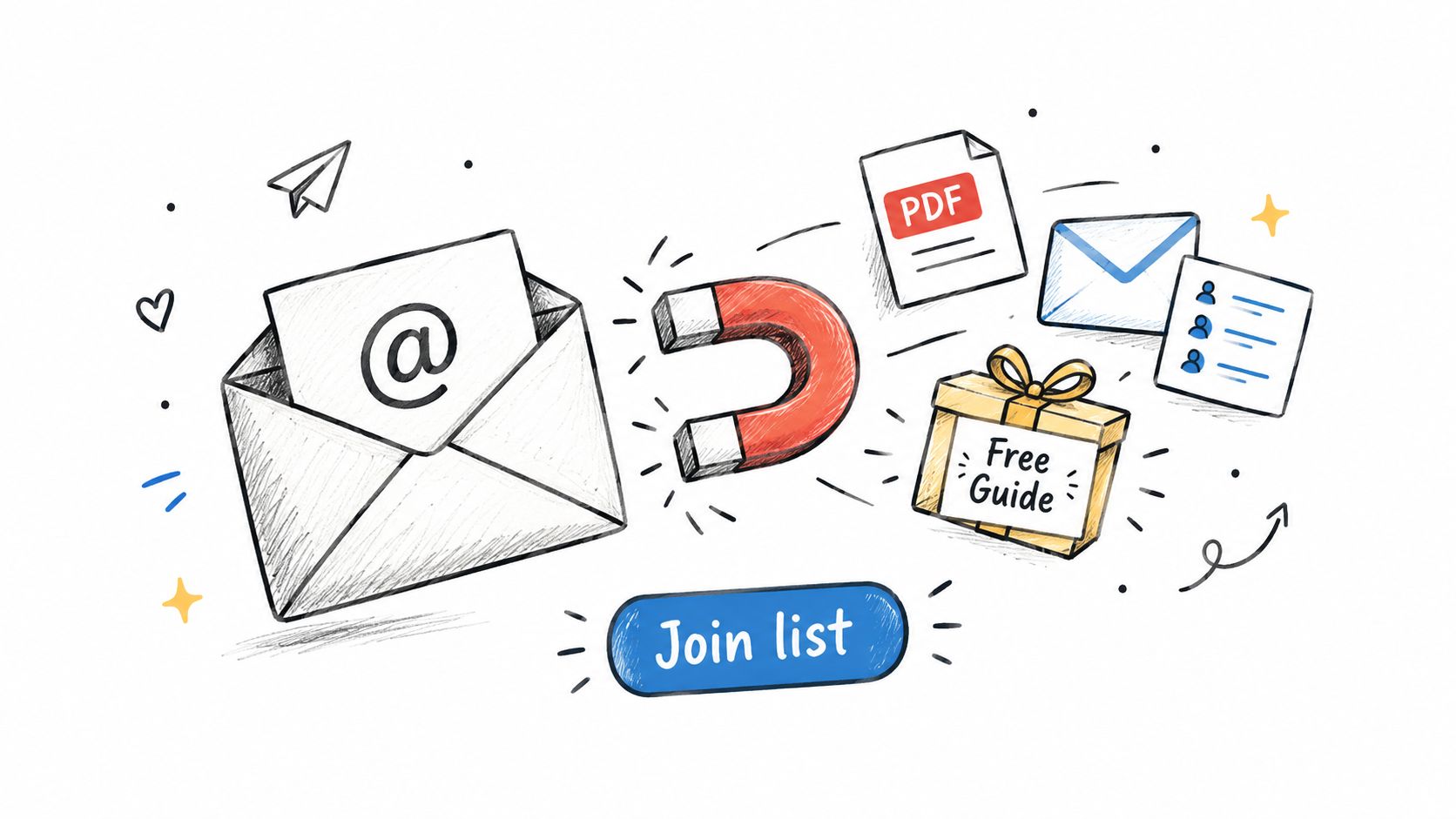 A hand-drawn illustration showing an email envelope being pulled by a magnet towards a free guide gift.