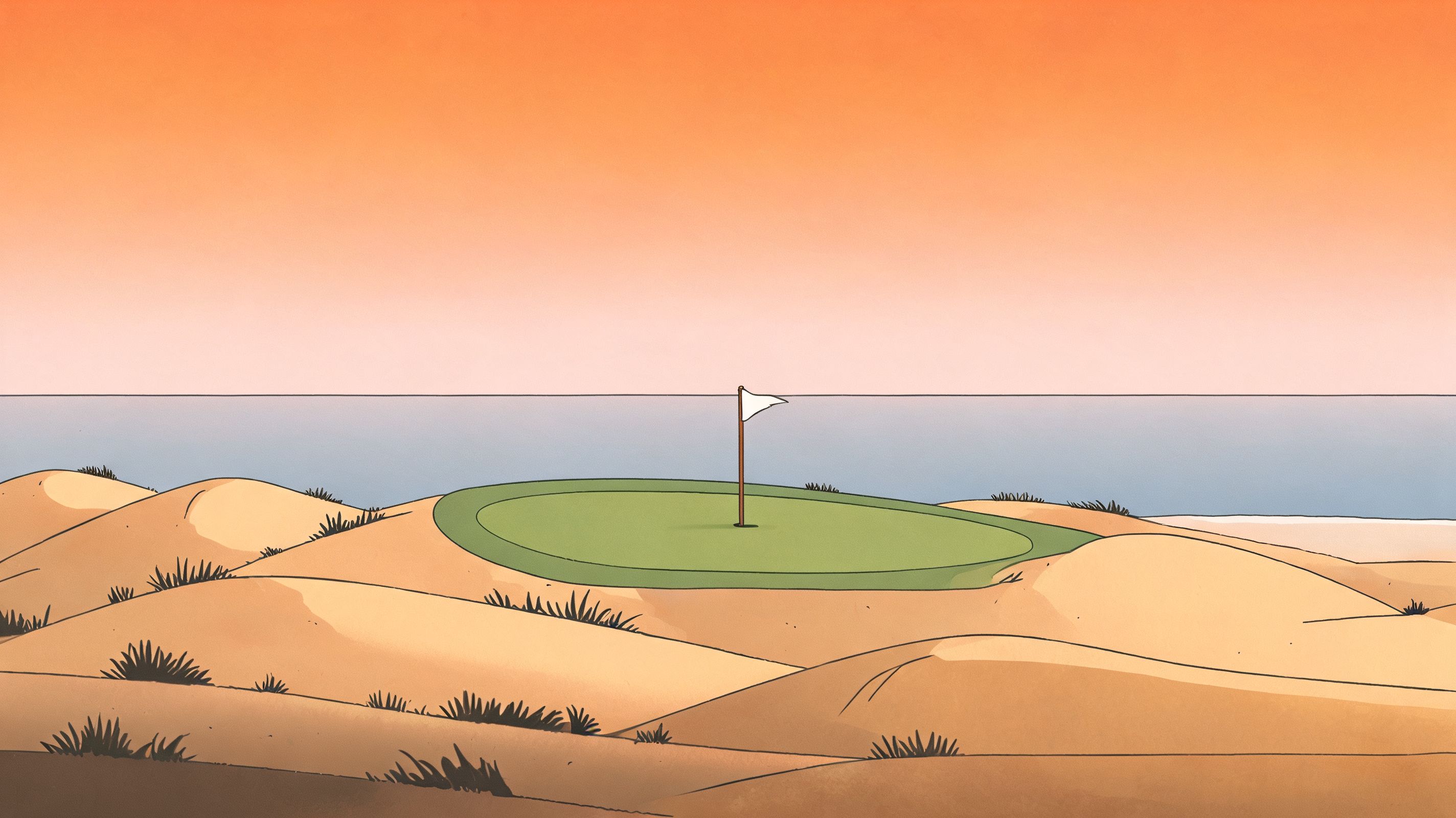 A scenic illustration of a golf putting green situated among sand dunes near the ocean at sunset.