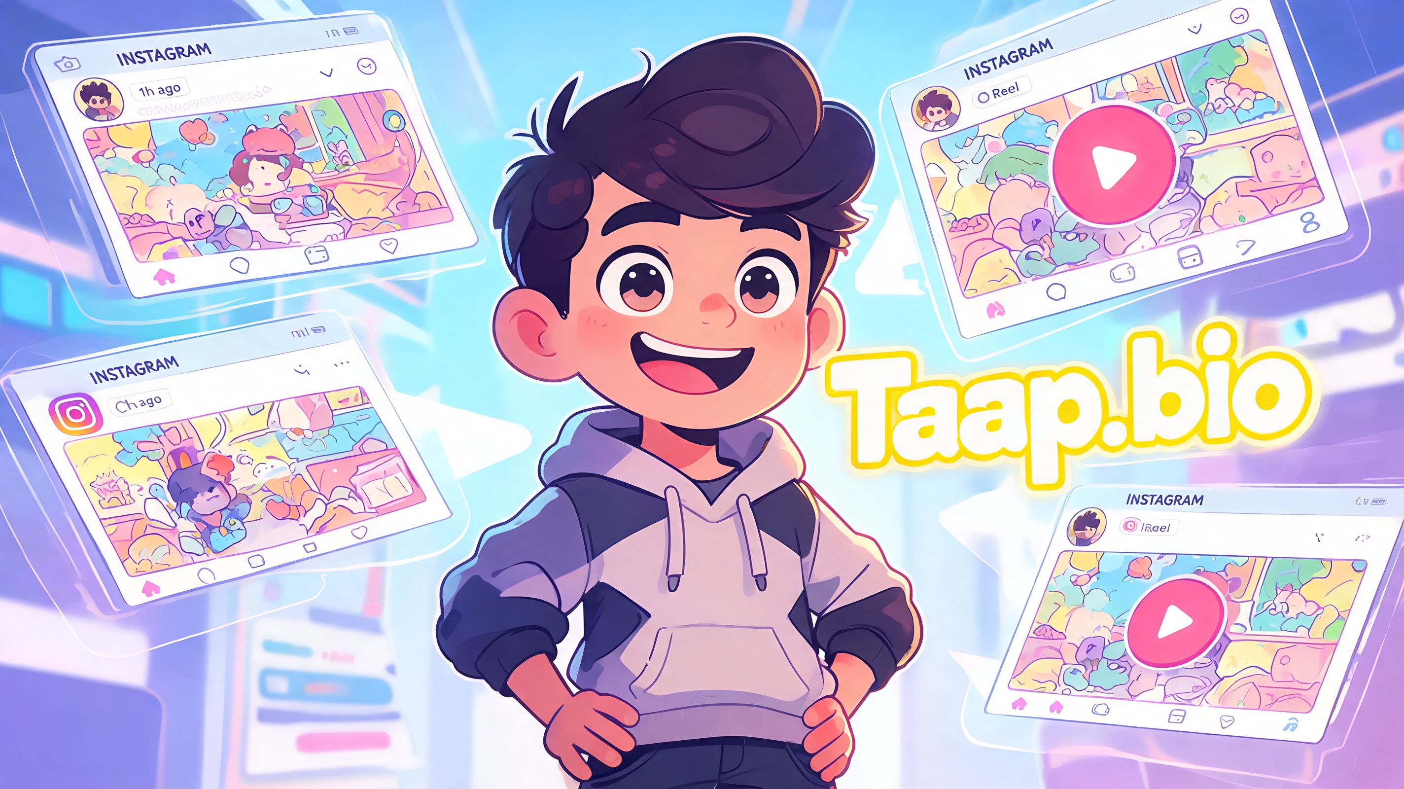 A friendly cartoon boy standing surrounded by floating digital Instagram interface windows and the logo Taap.bio.