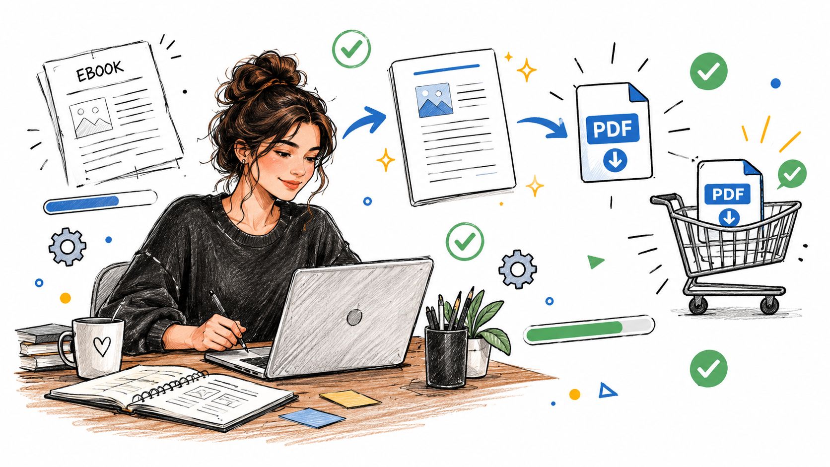 A woman working on a laptop, illustrating the process of converting an ebook into digital PDF products.