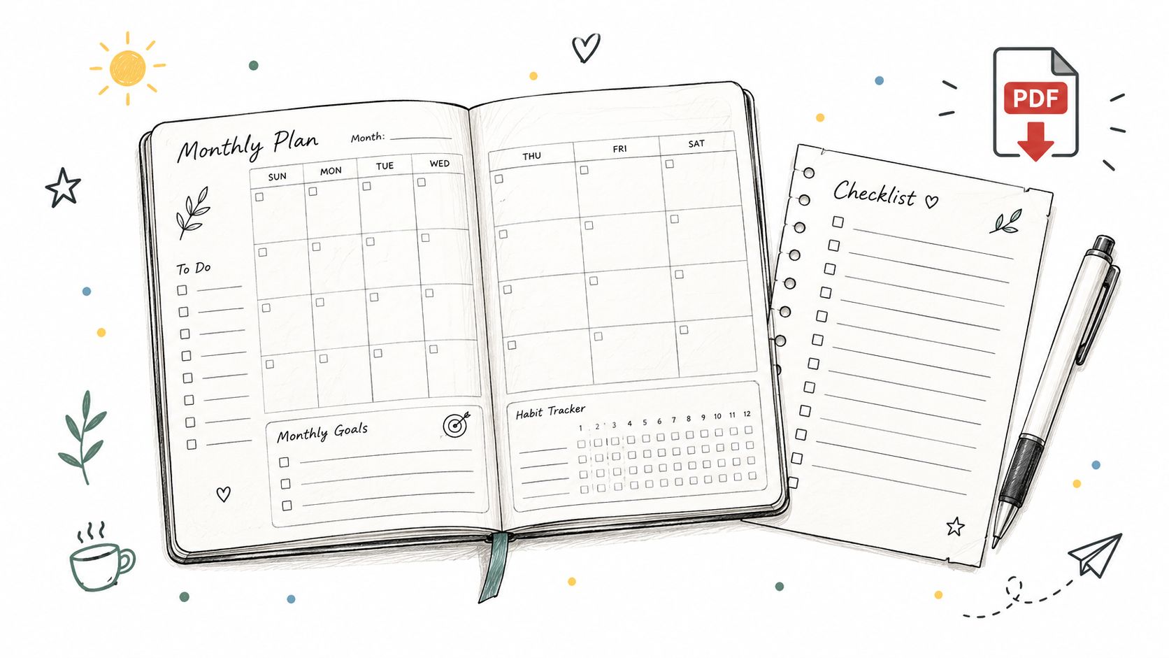An open planner with monthly calendar, to-do list, habit tracker, and a separate checklist notepad with a pen.