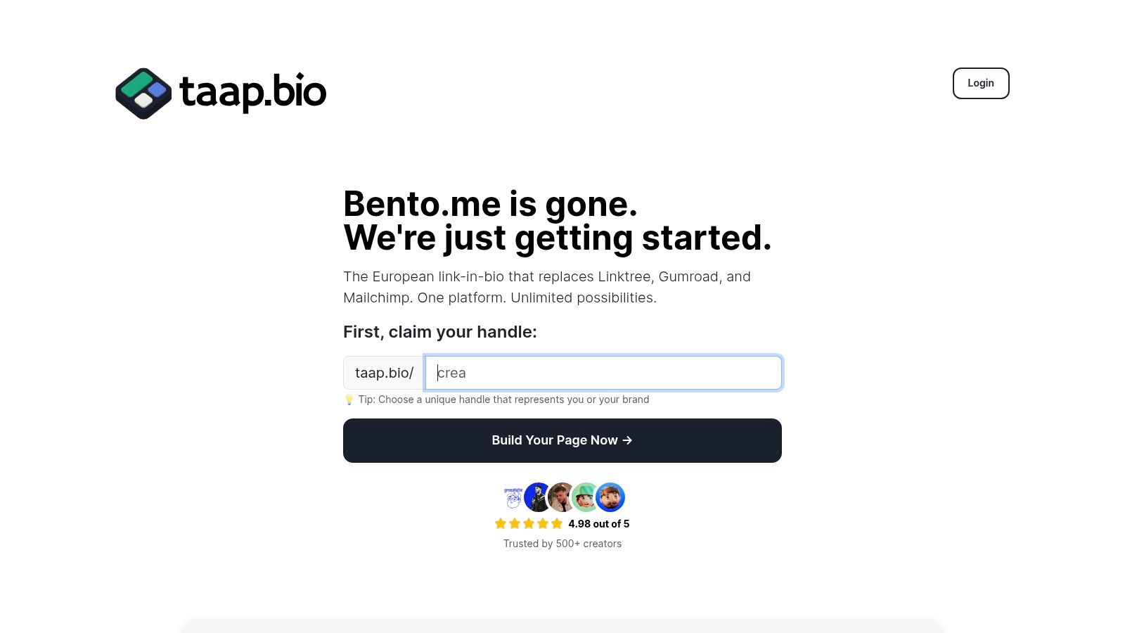 A screenshot of the taap.bio interface showing a clean signup form for creating a free landing page.
