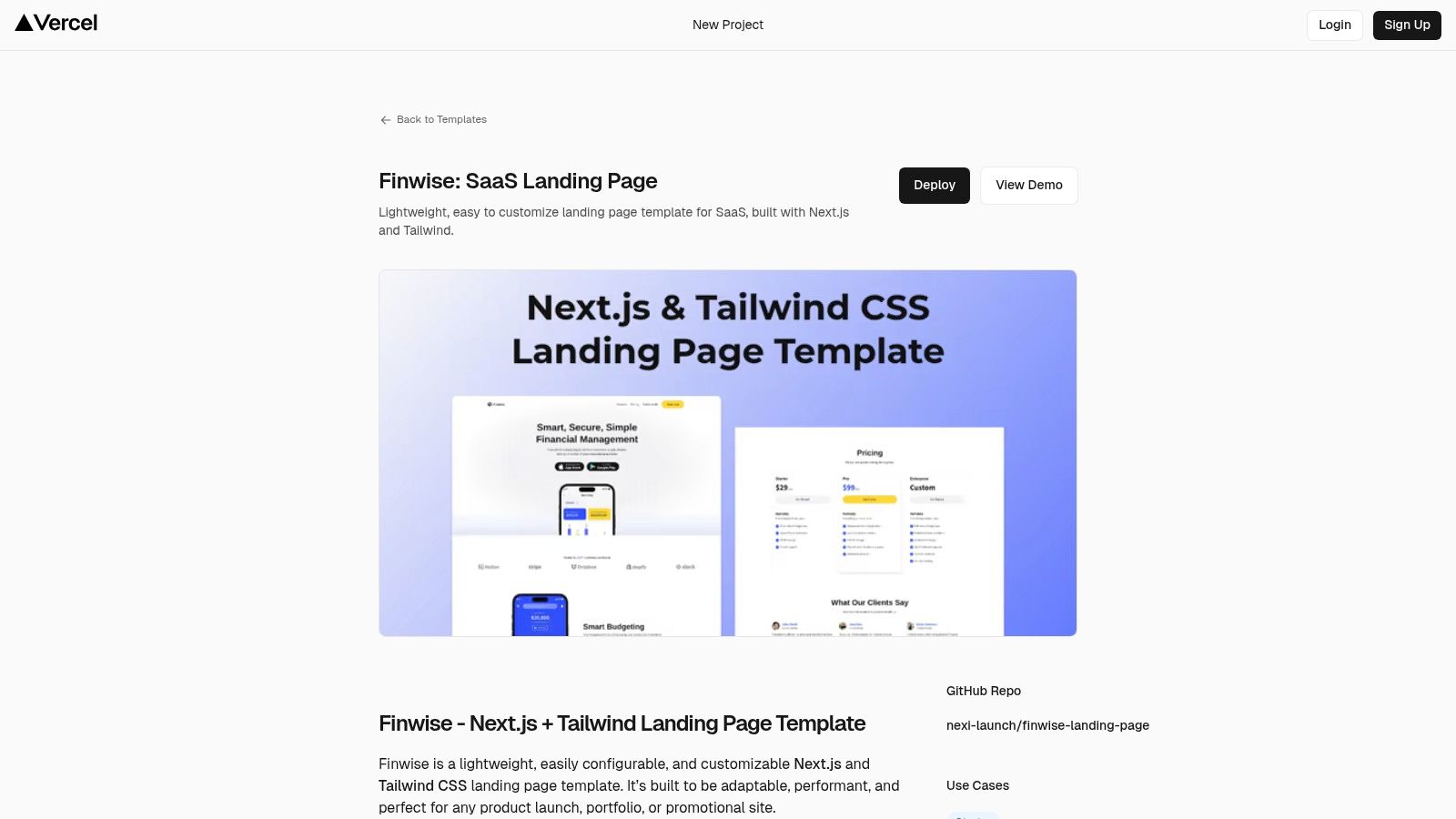 Vercel Templates – Next.js landing page starters (e.g., Finwise)