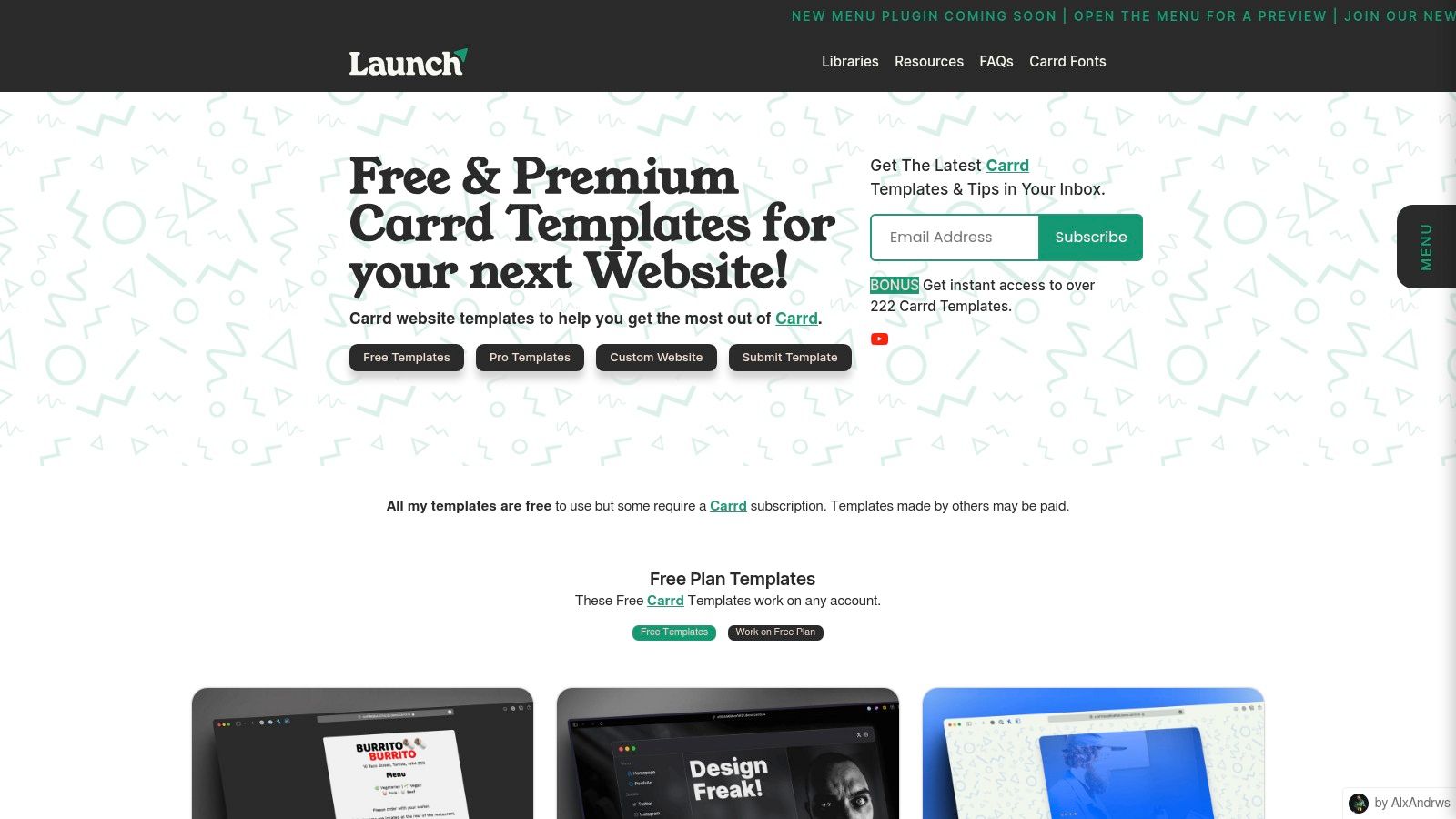A grid of website template previews from Carrd