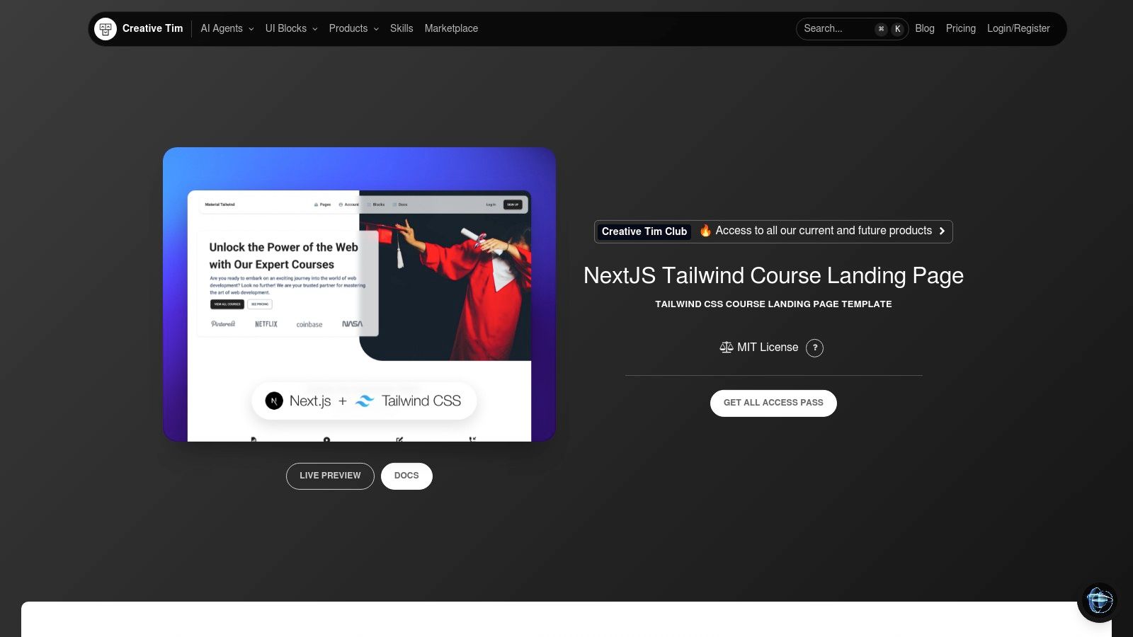 A preview of a modern course landing page template from Creative Tim