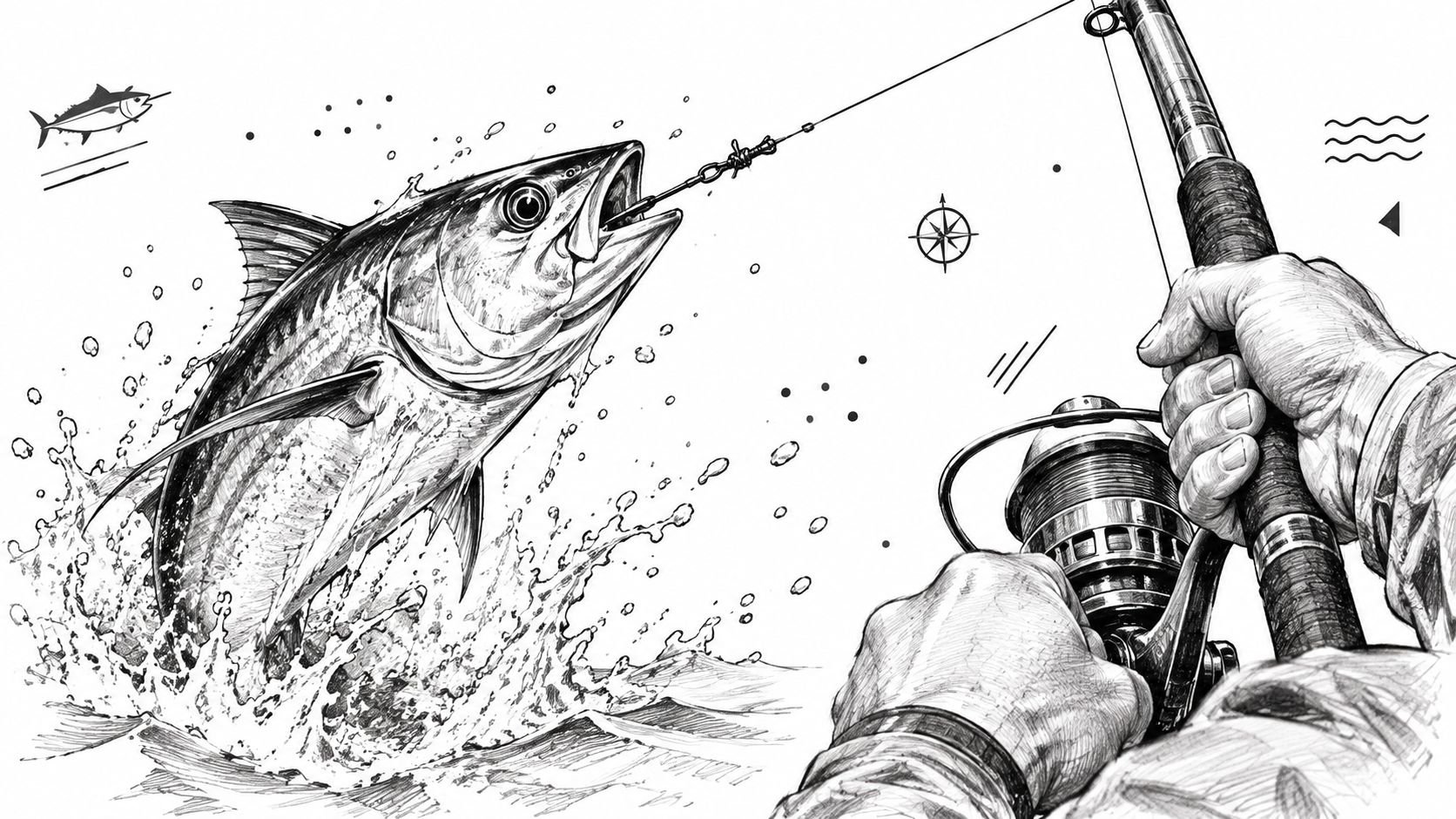 A detailed black and white pencil sketch of a person fishing and reeling in a large tuna fish.