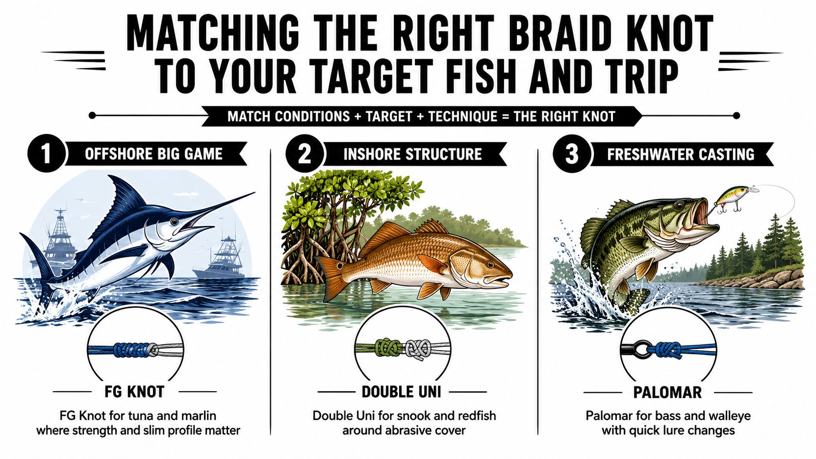 An infographic showing three recommended knots for different fishing scenarios including offshore, inshore, and freshwater casting.