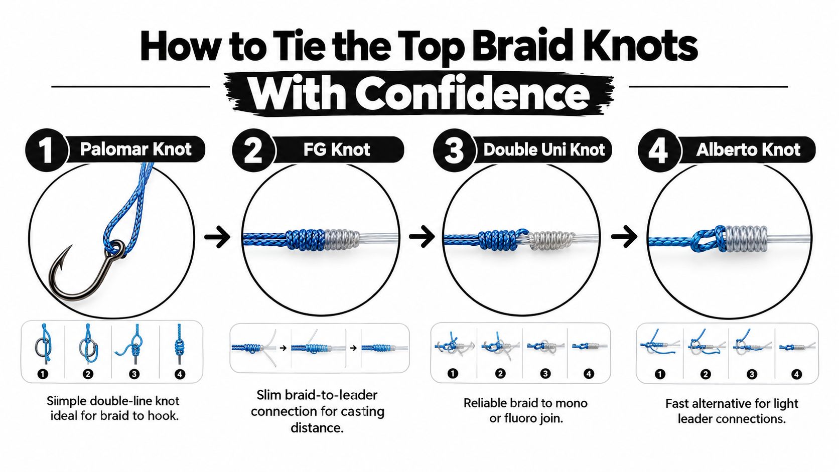 An educational infographic showing instructions for tying four essential fishing knots for braided lines with hooks.