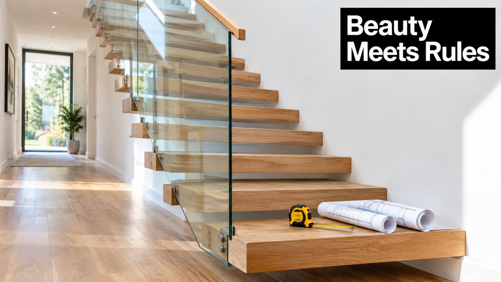 A modern floating wooden staircase with a glass railing and architectural blueprints sitting on a step.