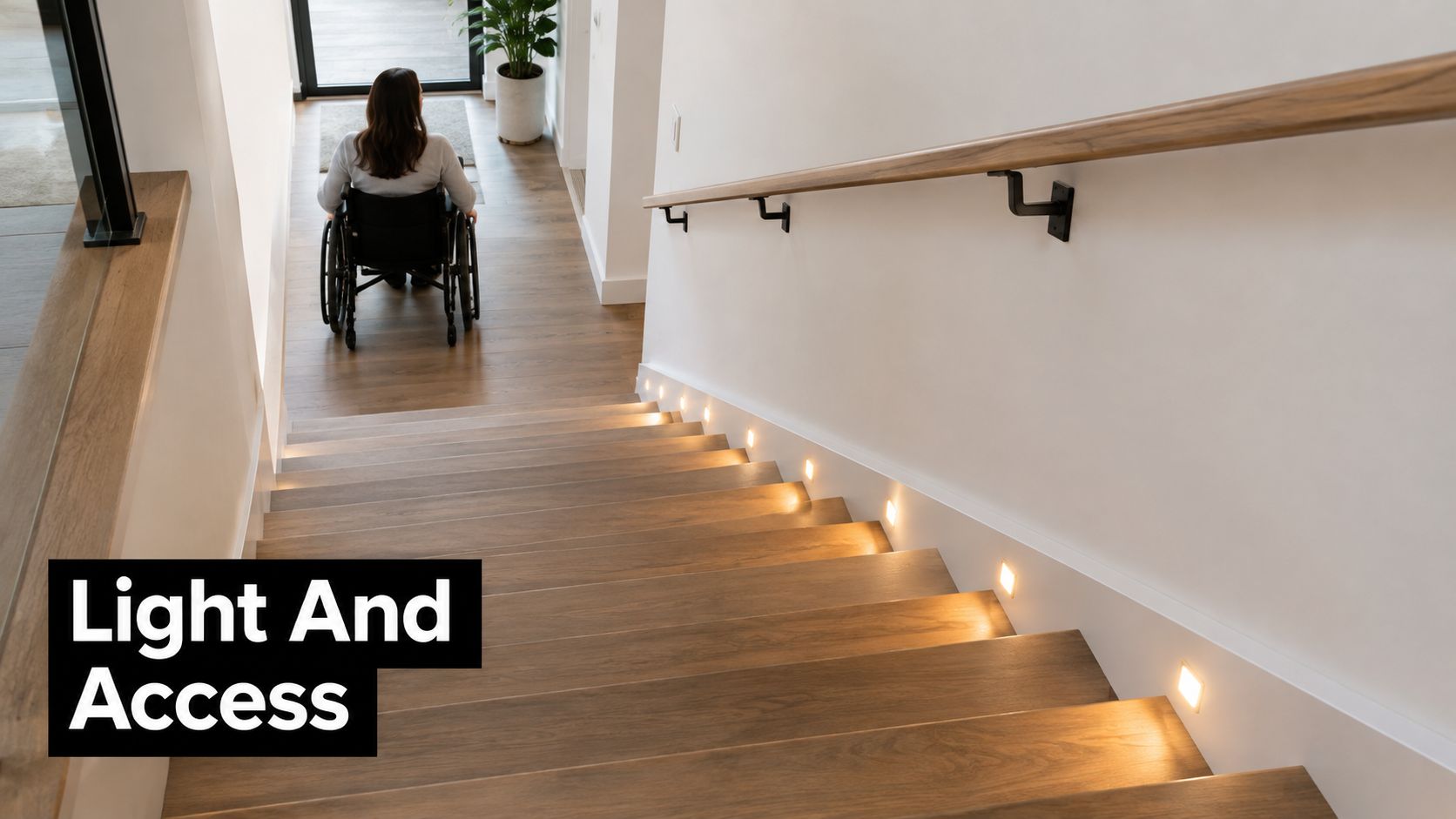 A person in a wheelchair is looking towards an illuminated wooden staircase in a modern home interior.