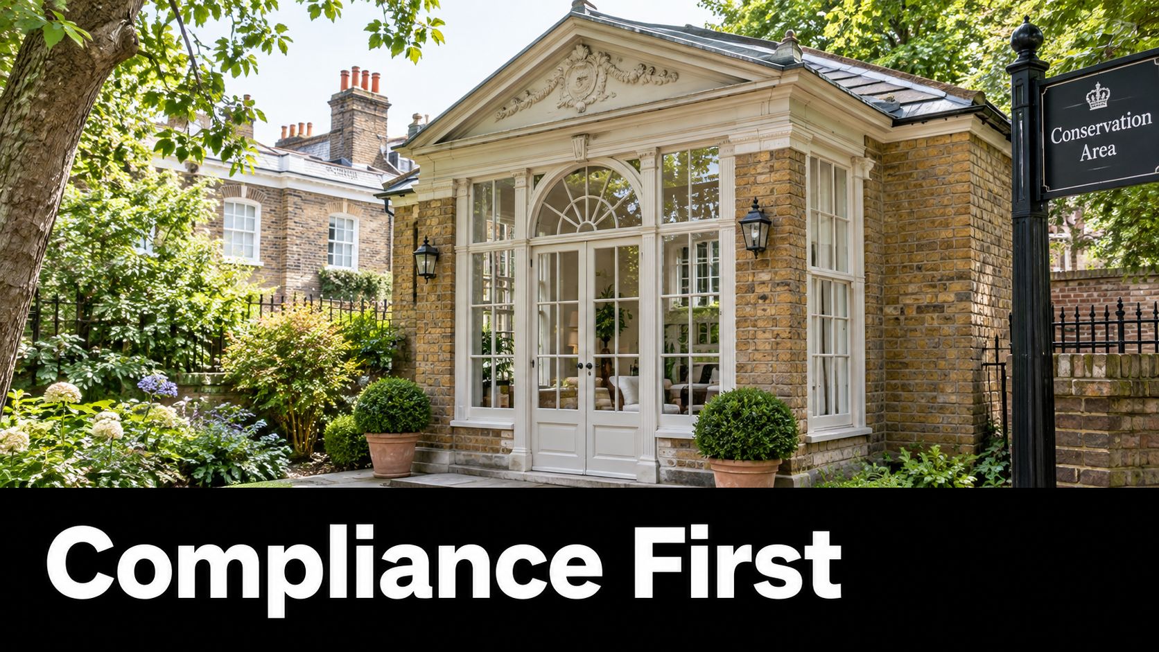 A luxurious brick conservatory garden room surrounded by lush green plants in a residential conservation area.