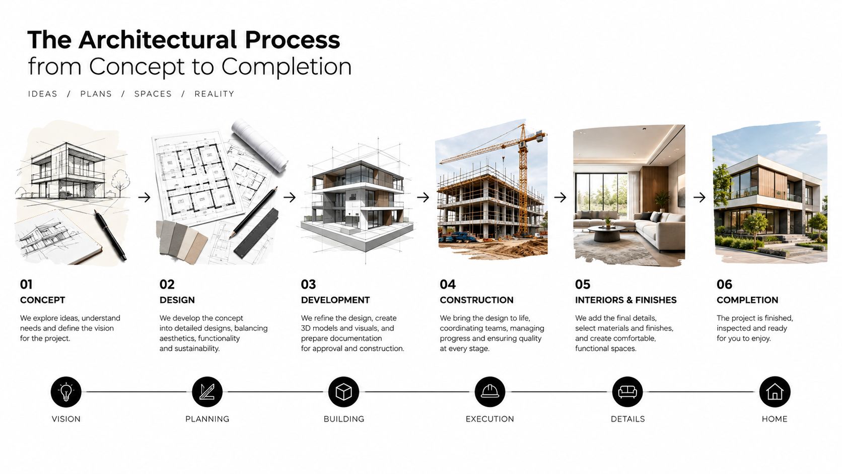 A diagram illustrating the six-step architectural process from initial concept to the completion of a residential home.
