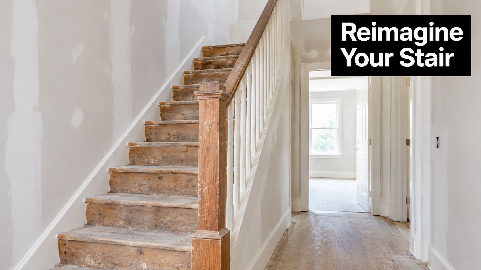 An unfinished wooden staircase in a hallway during home renovation, waiting for custom installation and finishing.
