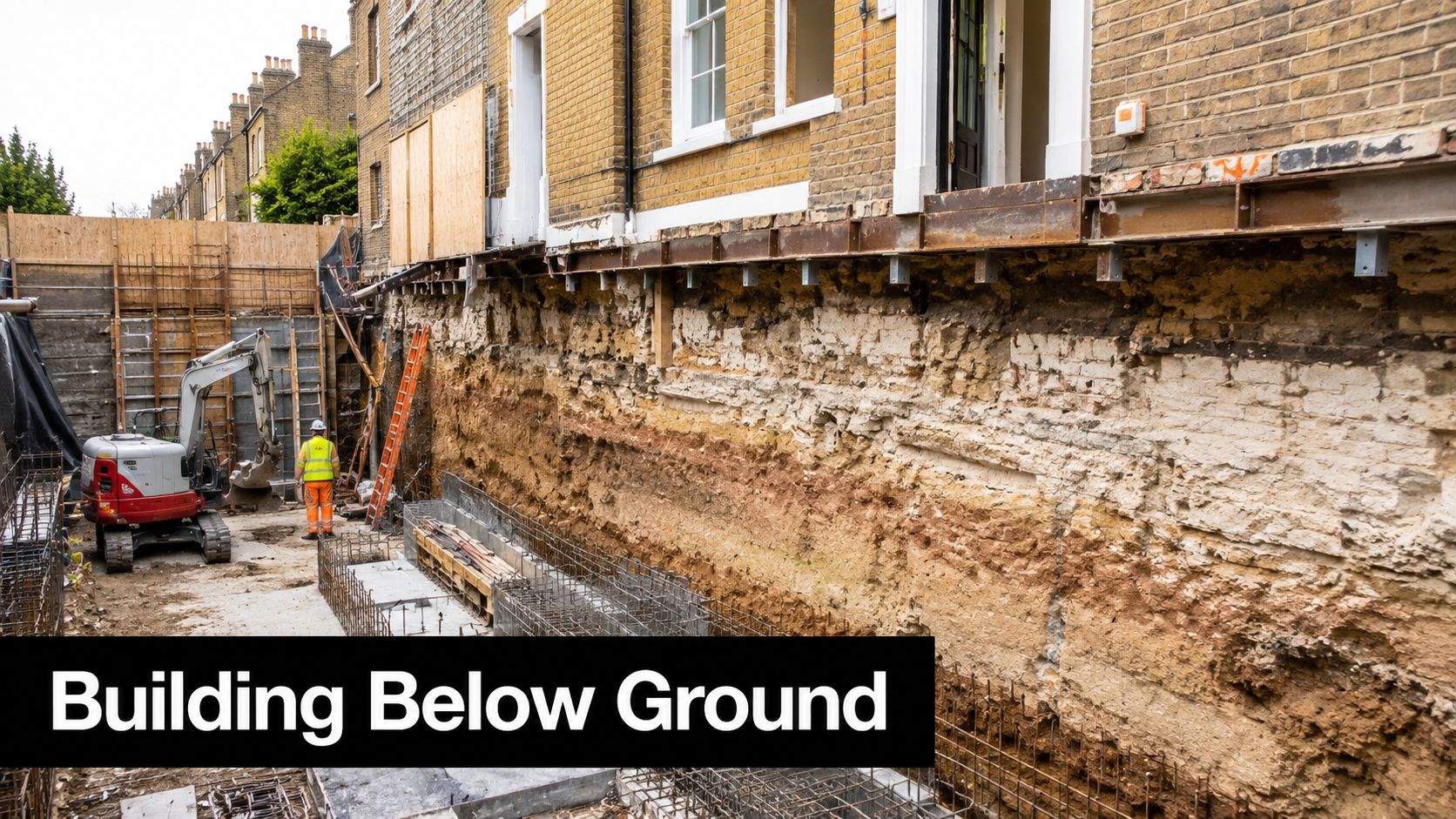 A construction site in South London showing structural underpinning and excavation work beneath a row of houses.