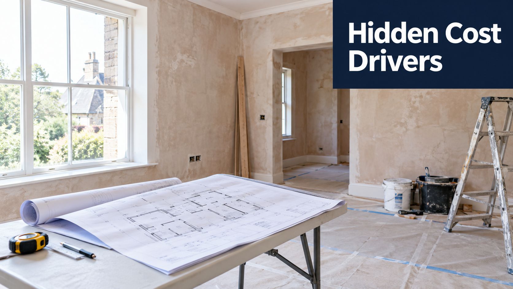 A renovation project in progress with blueprints, tools, and a step ladder in a room.